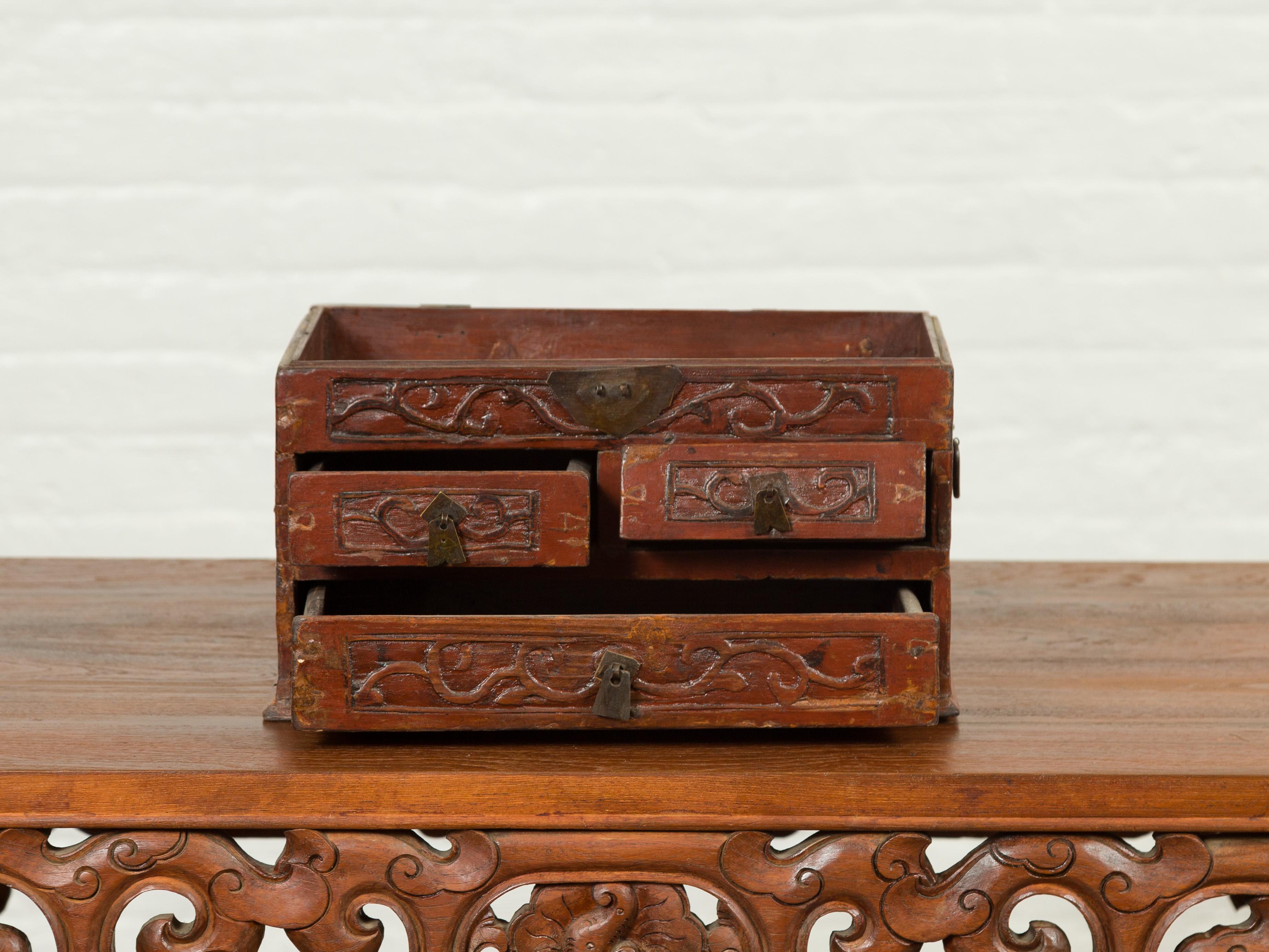 19th Century Chinese Qing Dynasty Carved Wooden Jewelry Chest with Lidded Top and Drawers