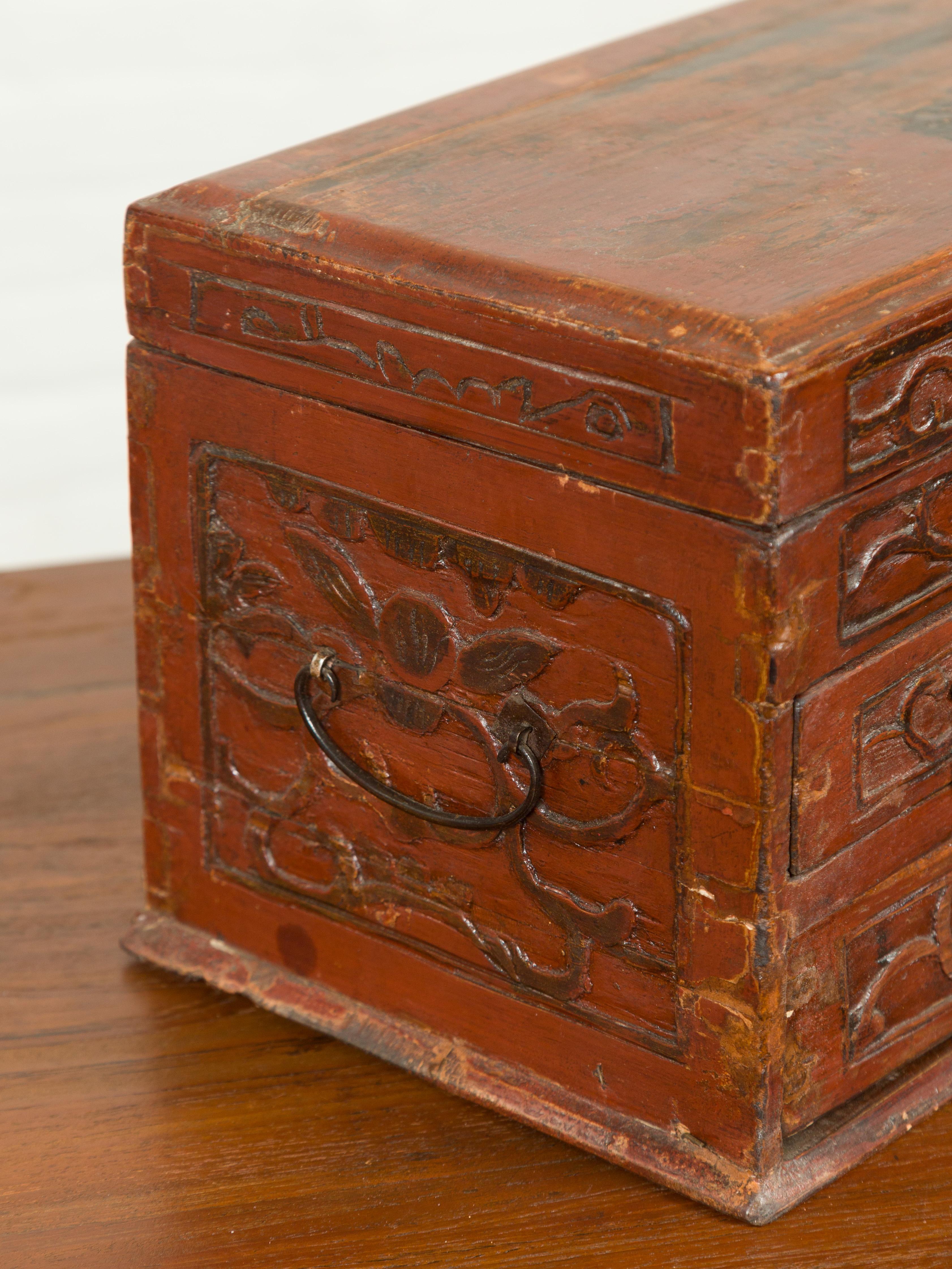 Chinese Qing Dynasty Carved Wooden Jewelry Chest with Lidded Top and Drawers 2