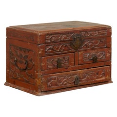 Antique Chinese Qing Dynasty Carved Wooden Jewelry Chest with Lidded Top and Drawers