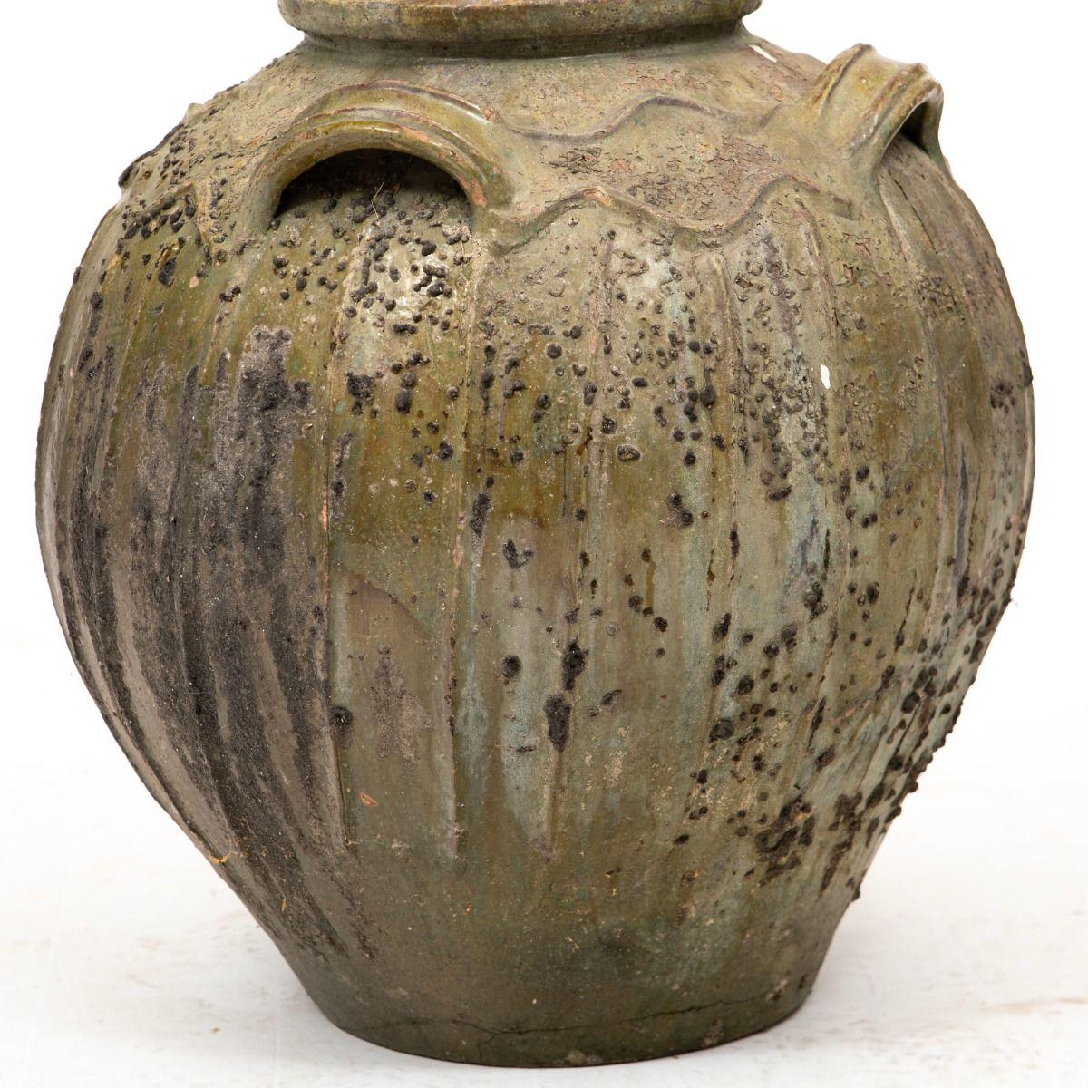 Glazed Chinese Qing Dynasty Ceramic Wine or Oil Jar with Greenish Glaze For Sale
