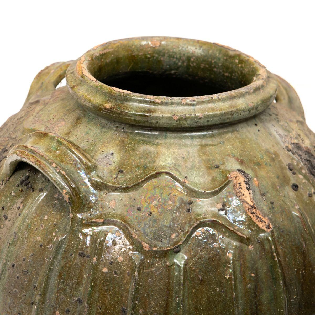 18th Century and Earlier Chinese Qing Dynasty Ceramic Wine or Oil Jar with Greenish Glaze For Sale