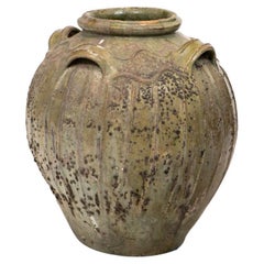 Jarra de vino o aceite de cerámica china de la dinastía Qing con vidriado verdoso
