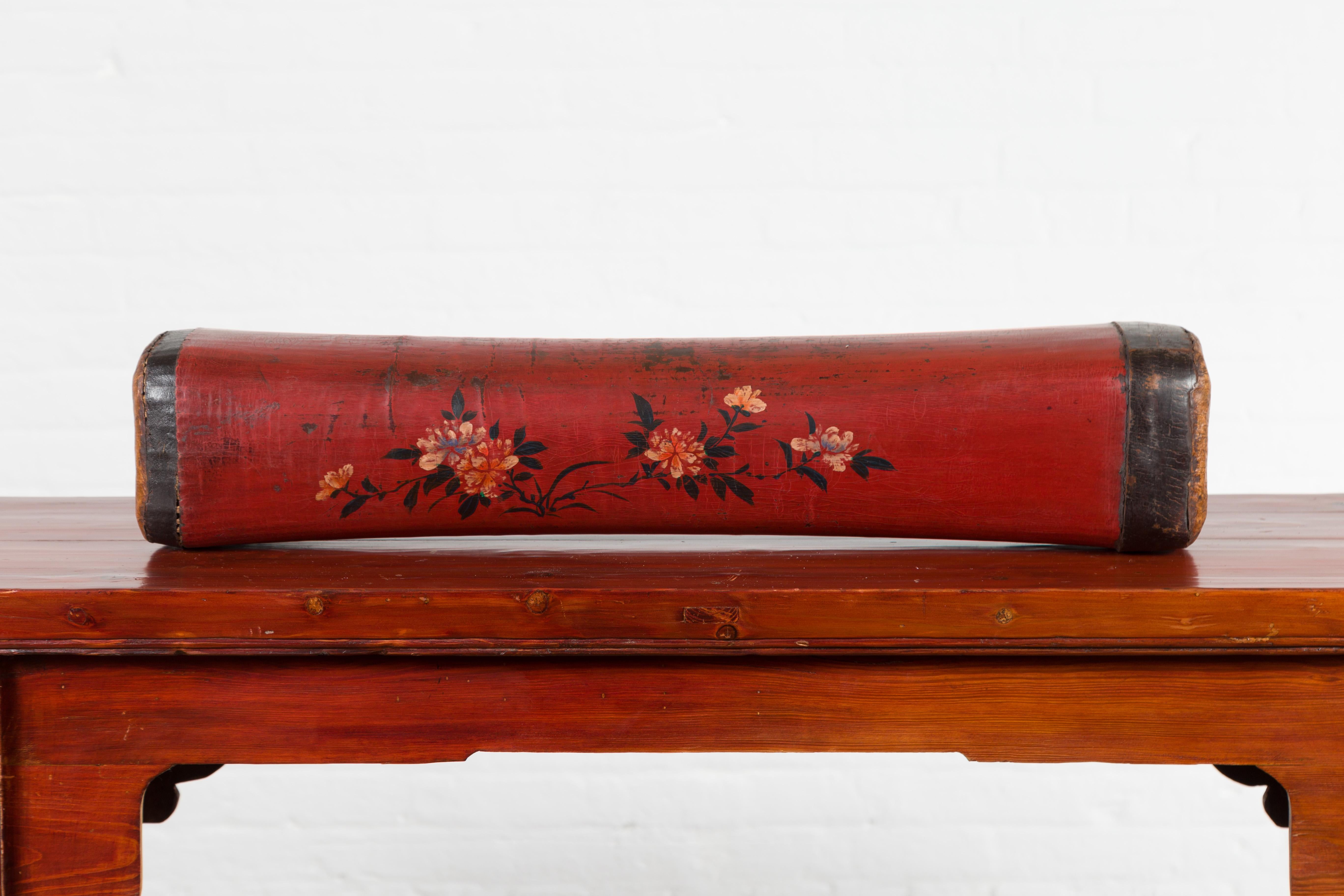 Chinese Qing Dynasty Cinnabar Lacquer Leather Pillow with Hand Painted Flowers For Sale 2