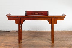 Chinese Qing Dynasty Cinnabar Lacquer Leather Pillow with Hand Painted Flowers