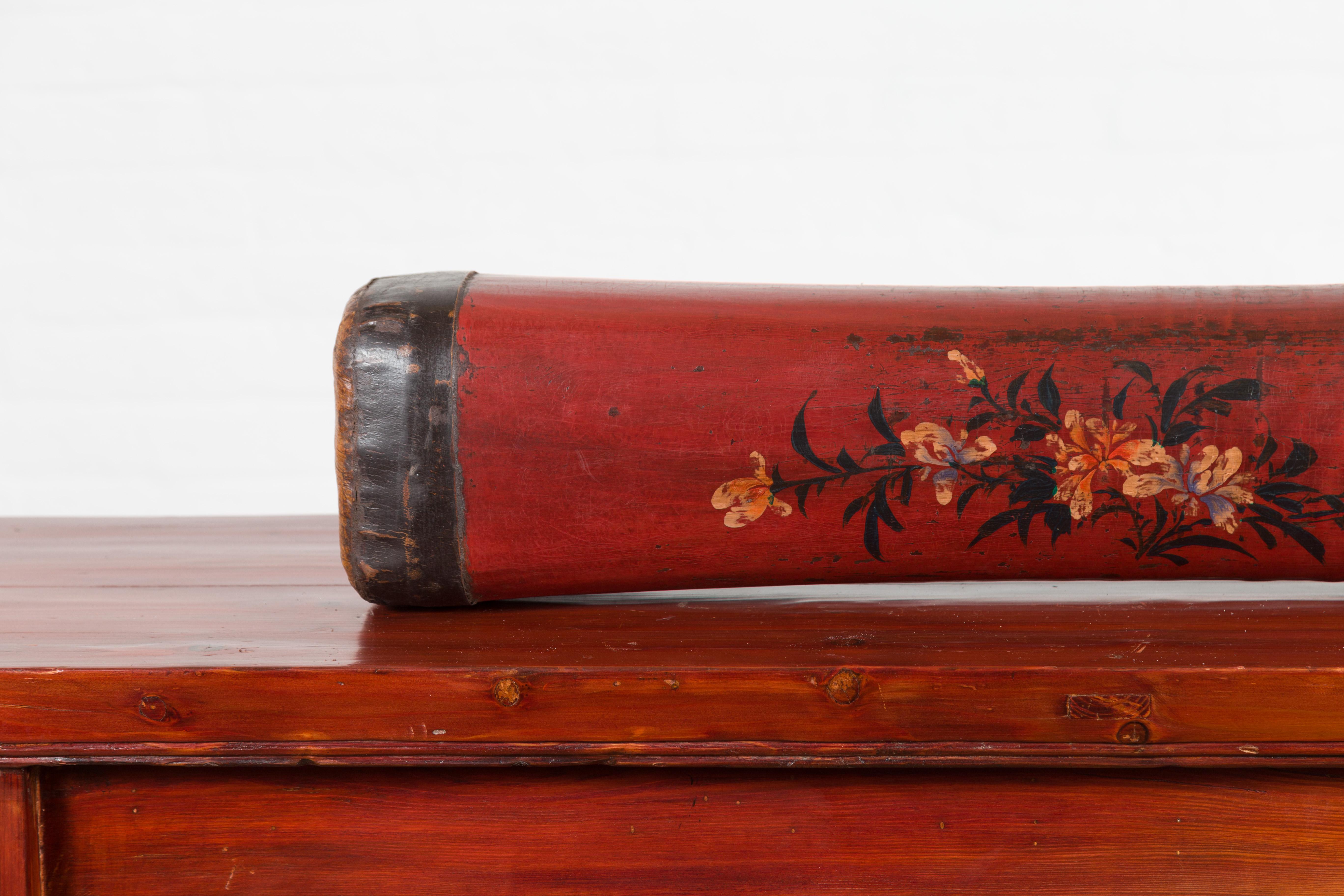 Hand-Painted Chinese Qing Dynasty Cinnabar Lacquer Leather Pillow with Hand Painted Flowers For Sale