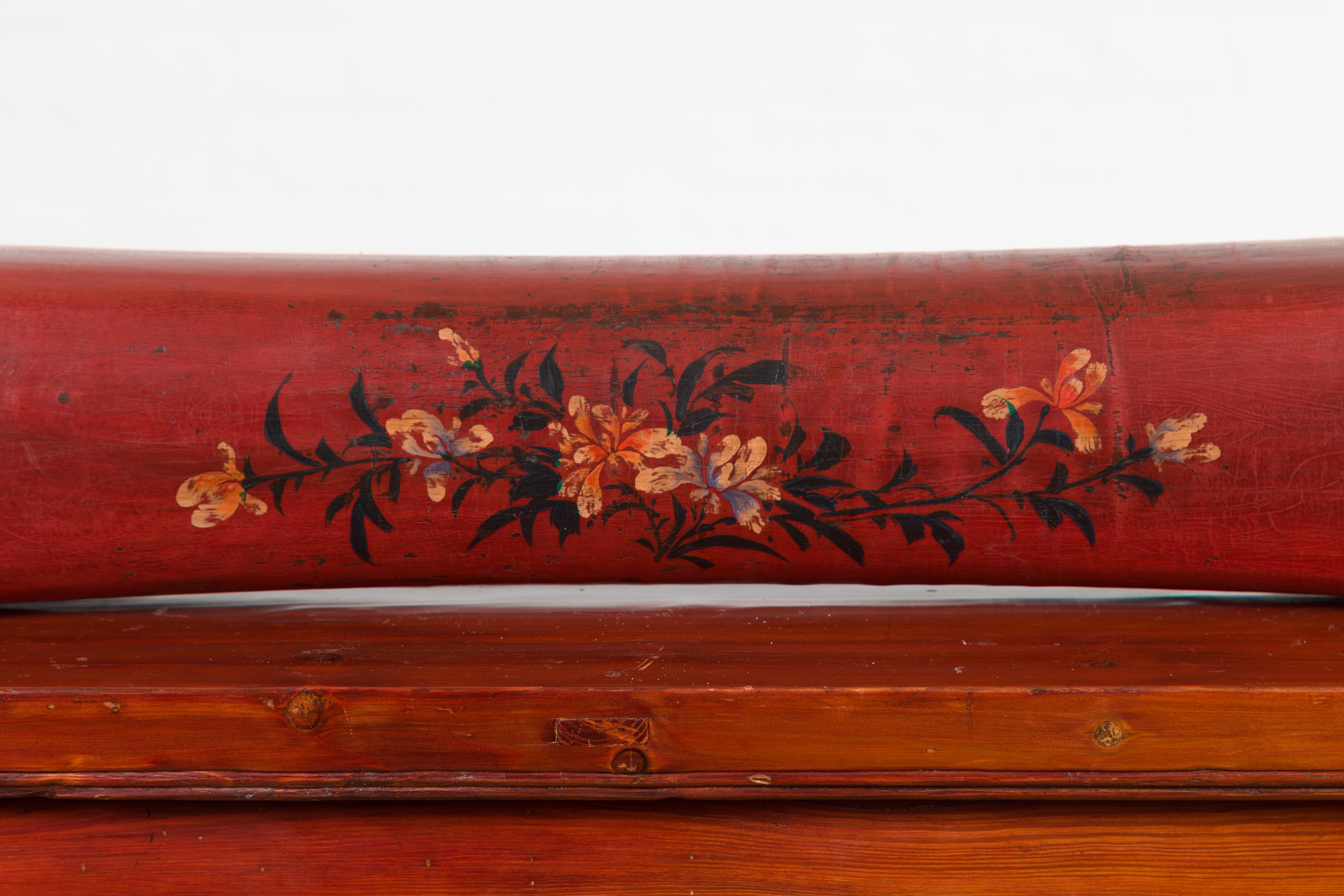 Hand-Painted Chinese Qing Dynasty Cinnabar Lacquer Leather Pillow with Hand Painted Flowers For Sale