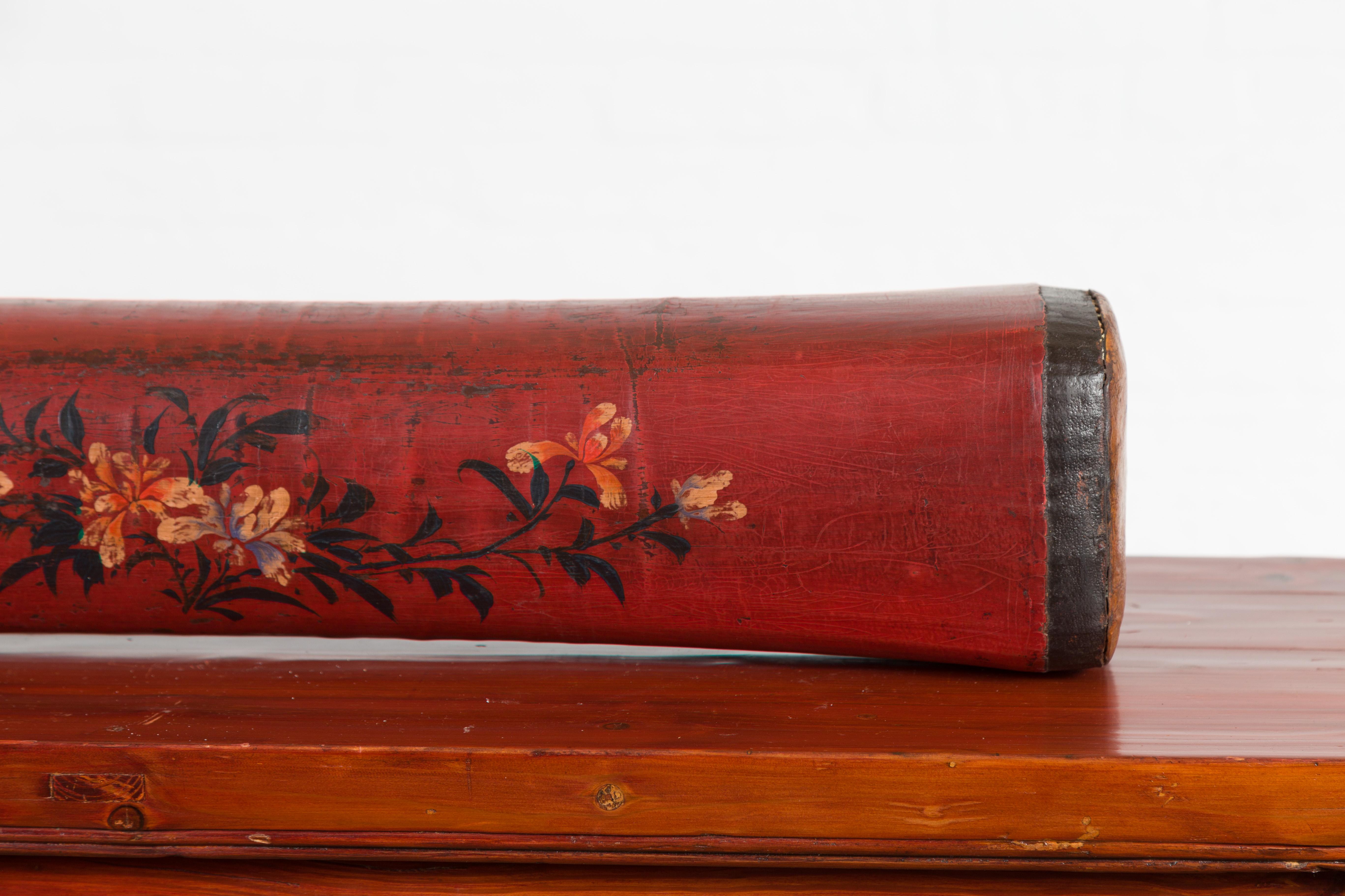 19th Century Chinese Qing Dynasty Cinnabar Lacquer Leather Pillow with Hand Painted Flowers For Sale