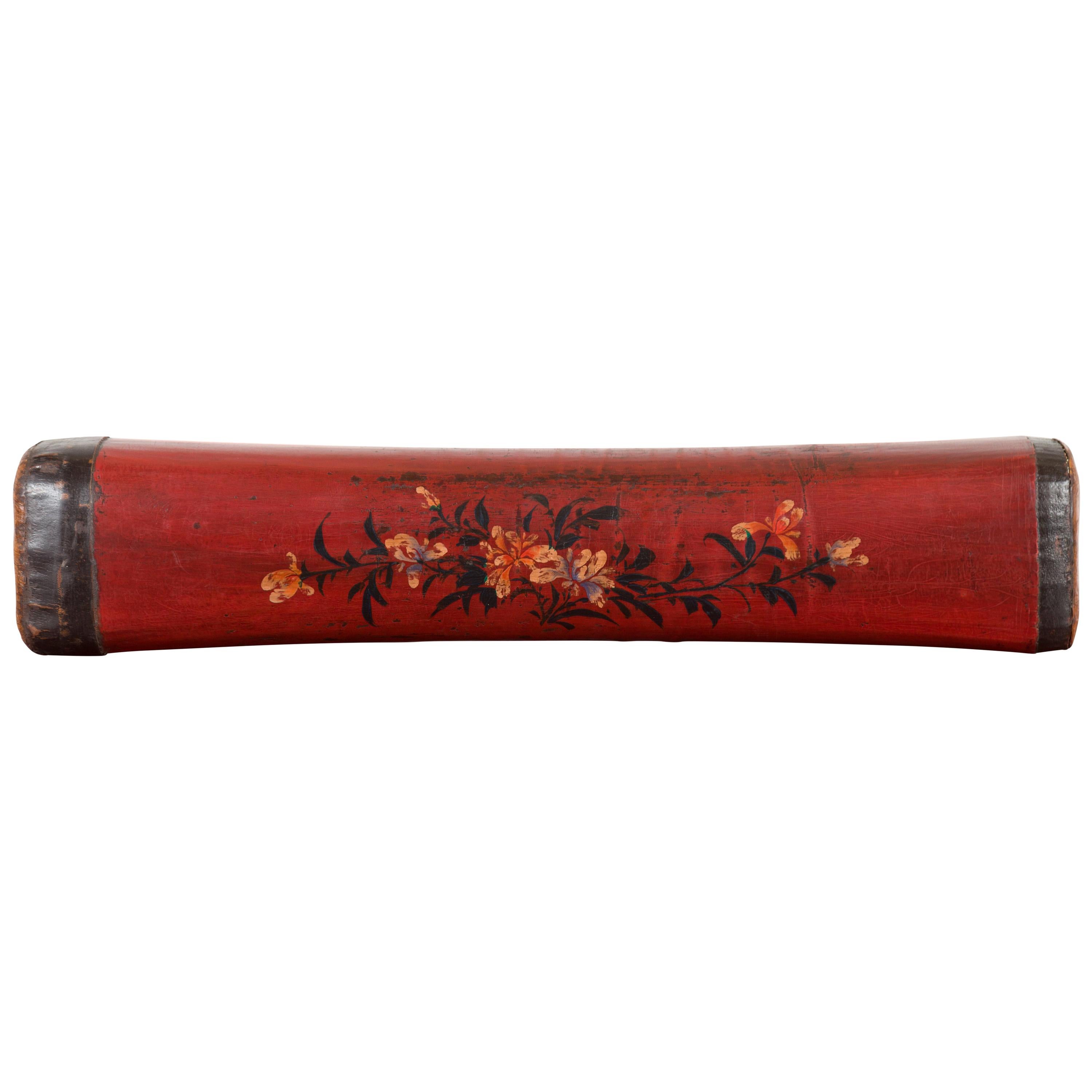 Chinese Qing Dynasty Cinnabar Lacquer Leather Pillow with Hand Painted Flowers For Sale