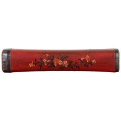 Used Chinese Qing Dynasty Cinnabar Lacquer Leather Pillow with Hand Painted Flowers
