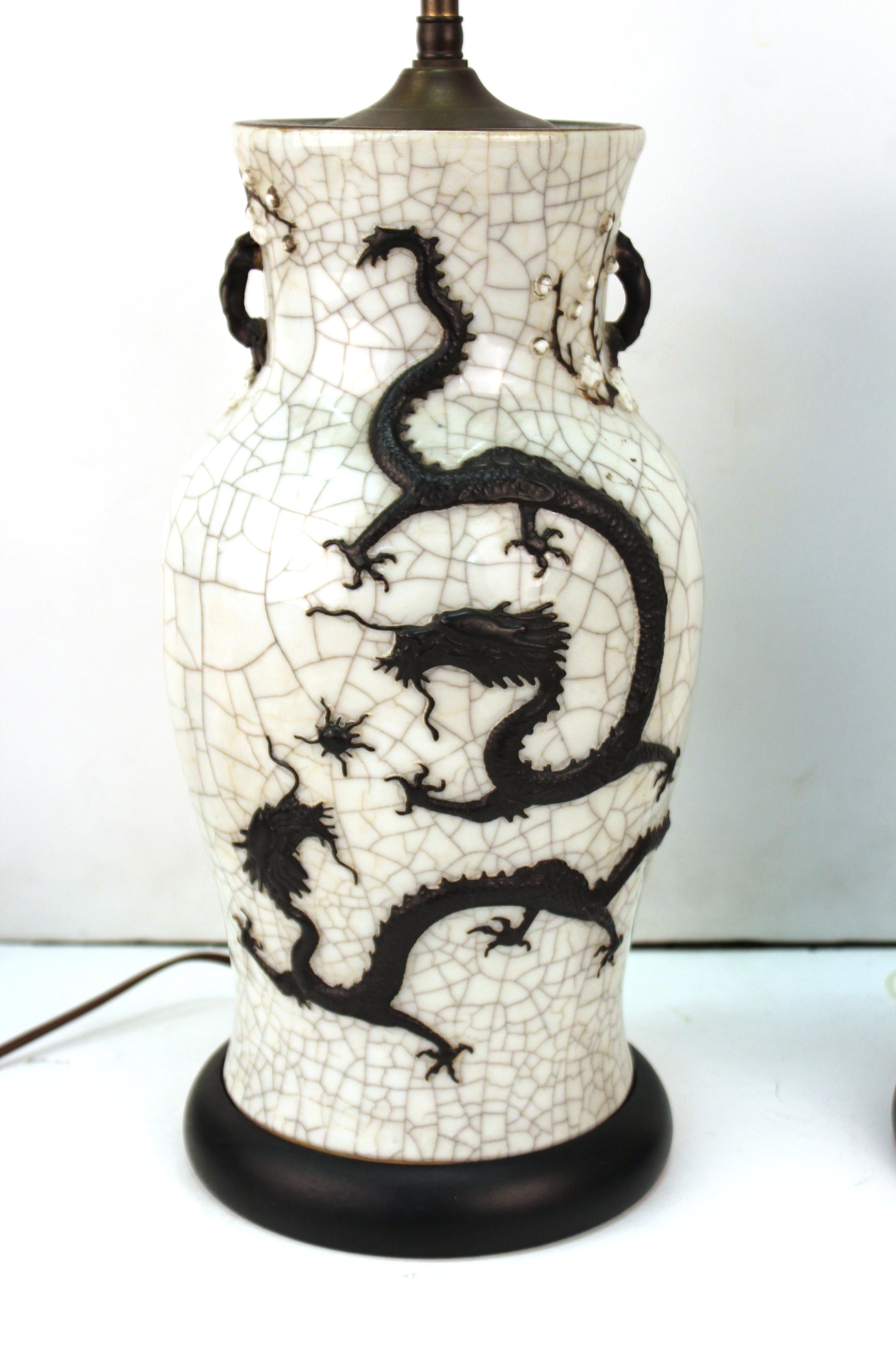 Late 19th Century Chinese Qing Dynasty Crackle Glaze Dragon Vase Table Lamps