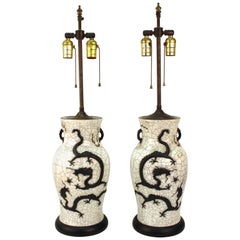 Chinese Qing Dynasty Crackle Glaze Dragon Vase Table Lamps