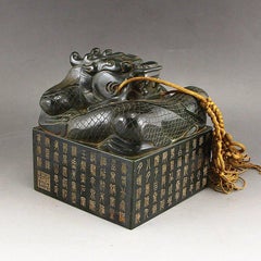 Chinese Qing Dynasty Deep Green Hetian Jade Dragon Seal with Zitan Wood Box