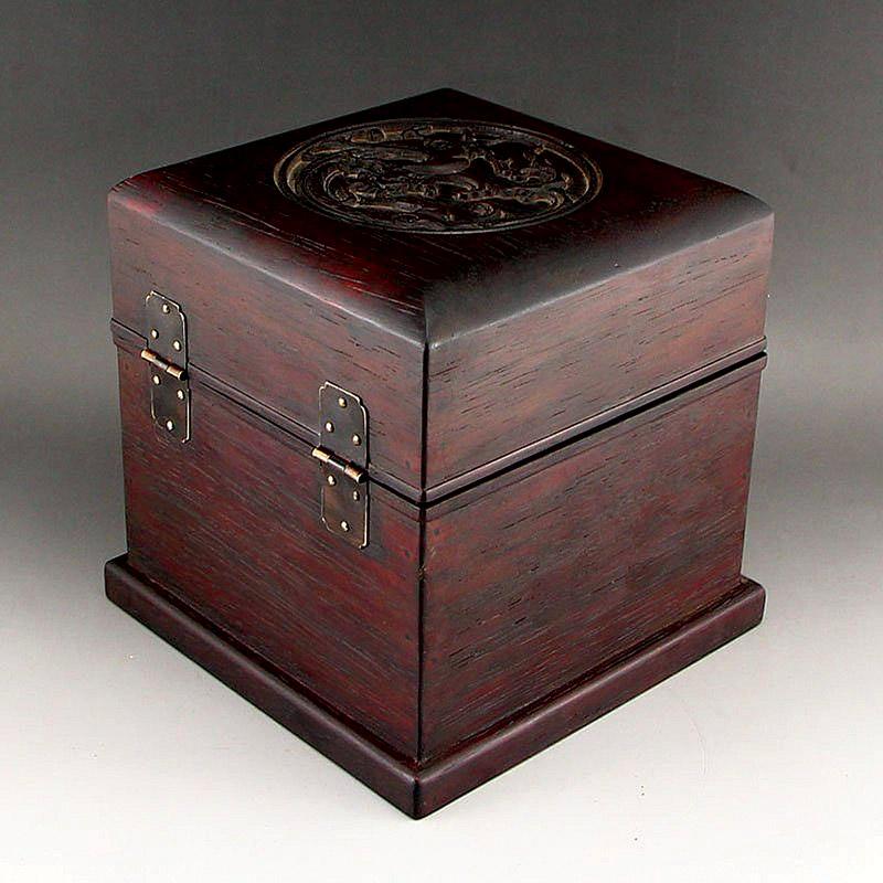 19th Century Chinese Qing Dynasty Deep Green Hetian Jade Dragon Seal with Zitan Wood Box For Sale