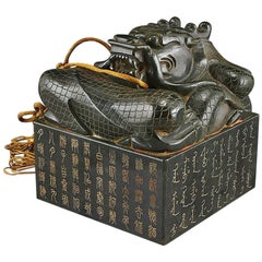 Antique Chinese Qing Dynasty Deep Green Hetian Jade Dragon Seal with Zitan Wood Box