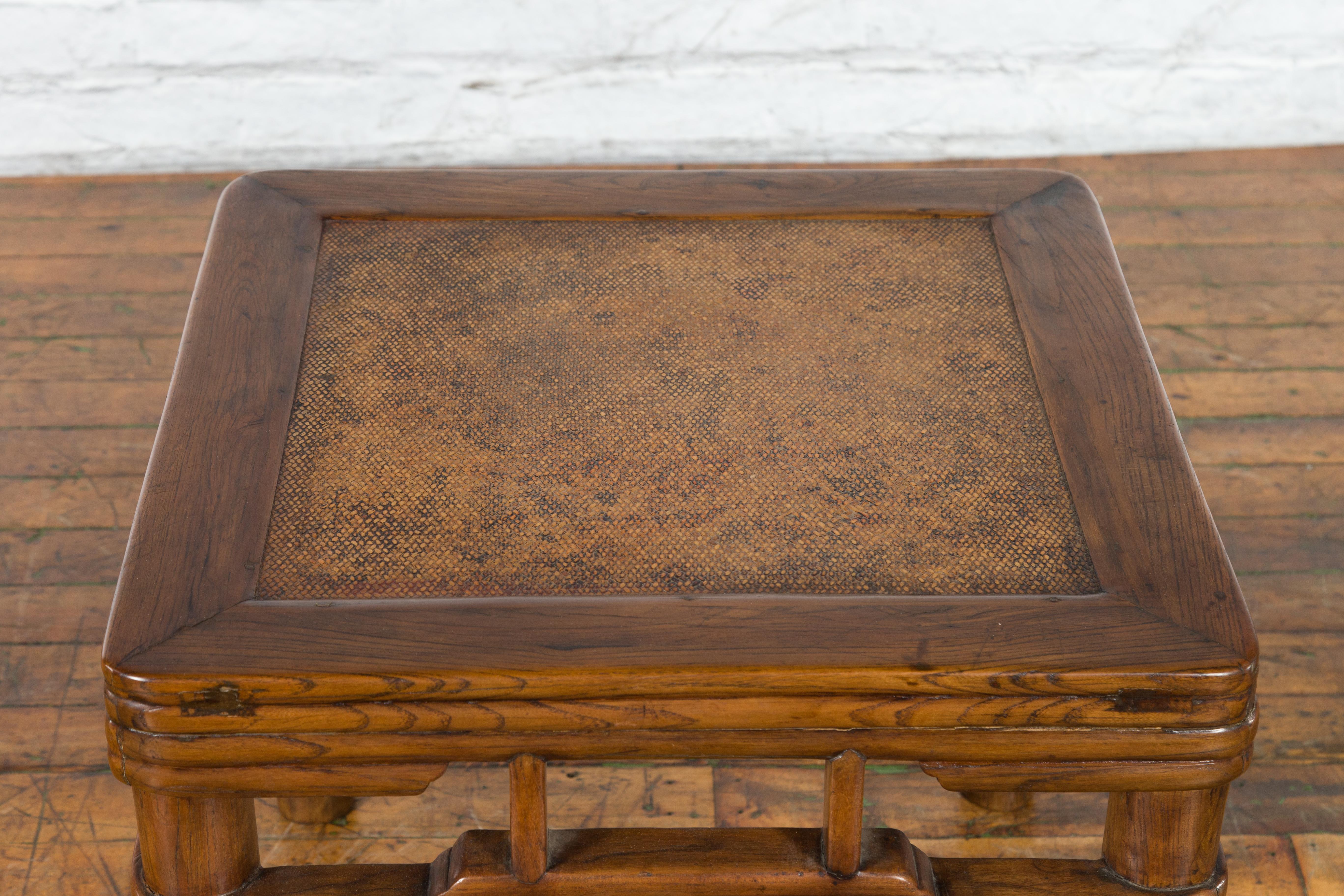 Chinese Qing Dynasty Early 20th Century Elmwood Side Table with Woven Rattan Top For Sale 9