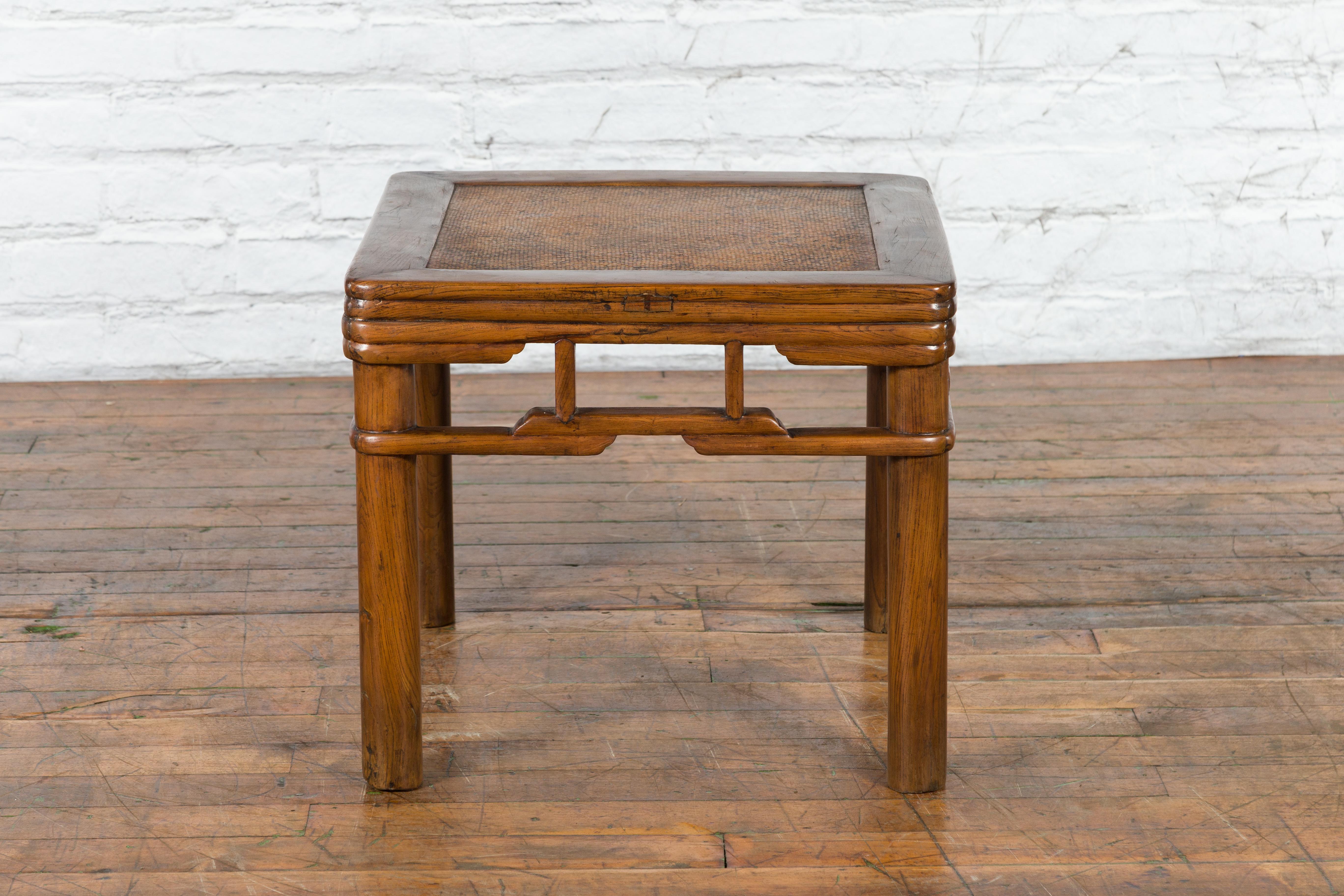 Chinese Qing Dynasty Early 20th Century Elmwood Side Table with Woven Rattan Top For Sale 12