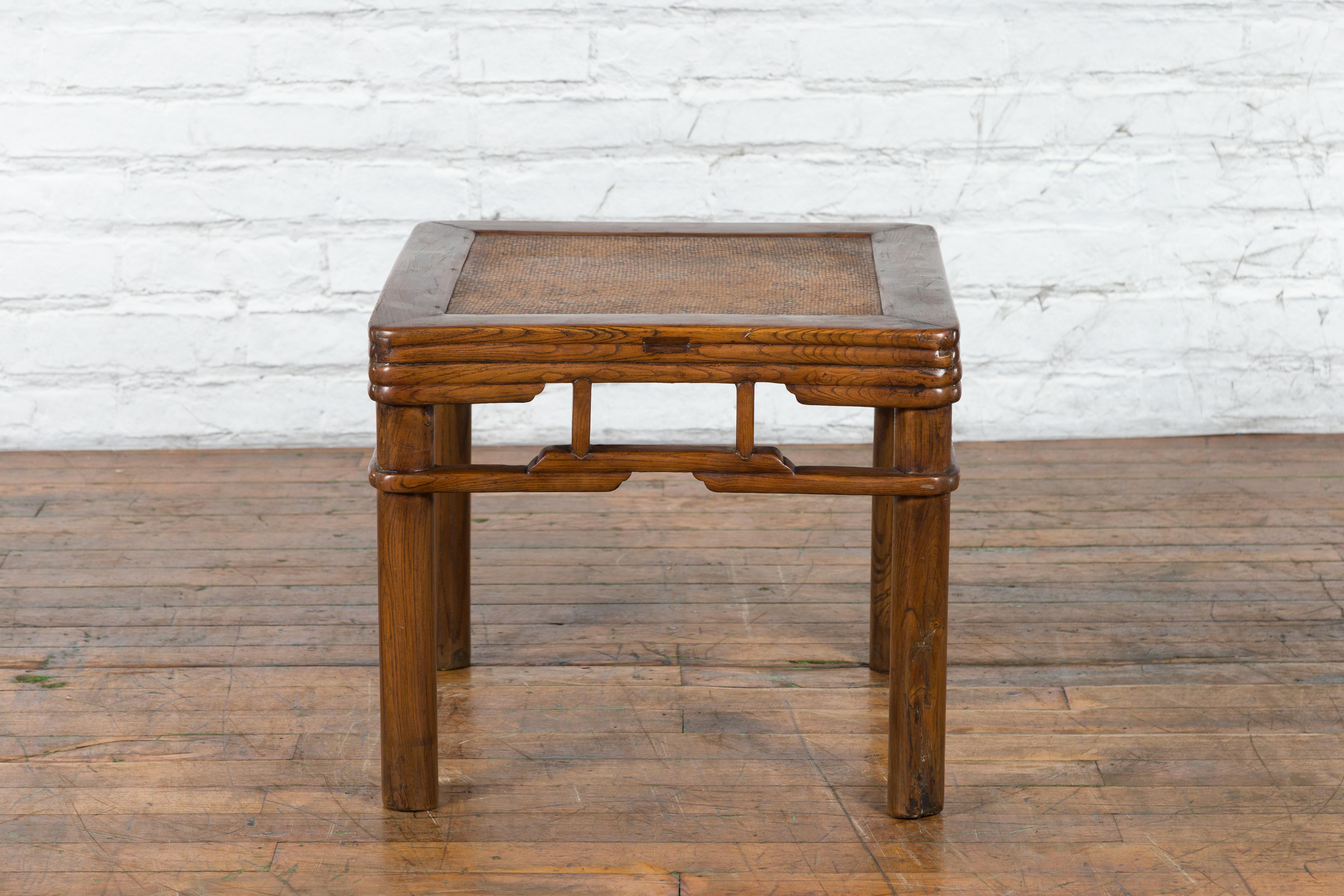 Chinese Qing Dynasty Early 20th Century Elmwood Side Table with Woven Rattan Top For Sale 14