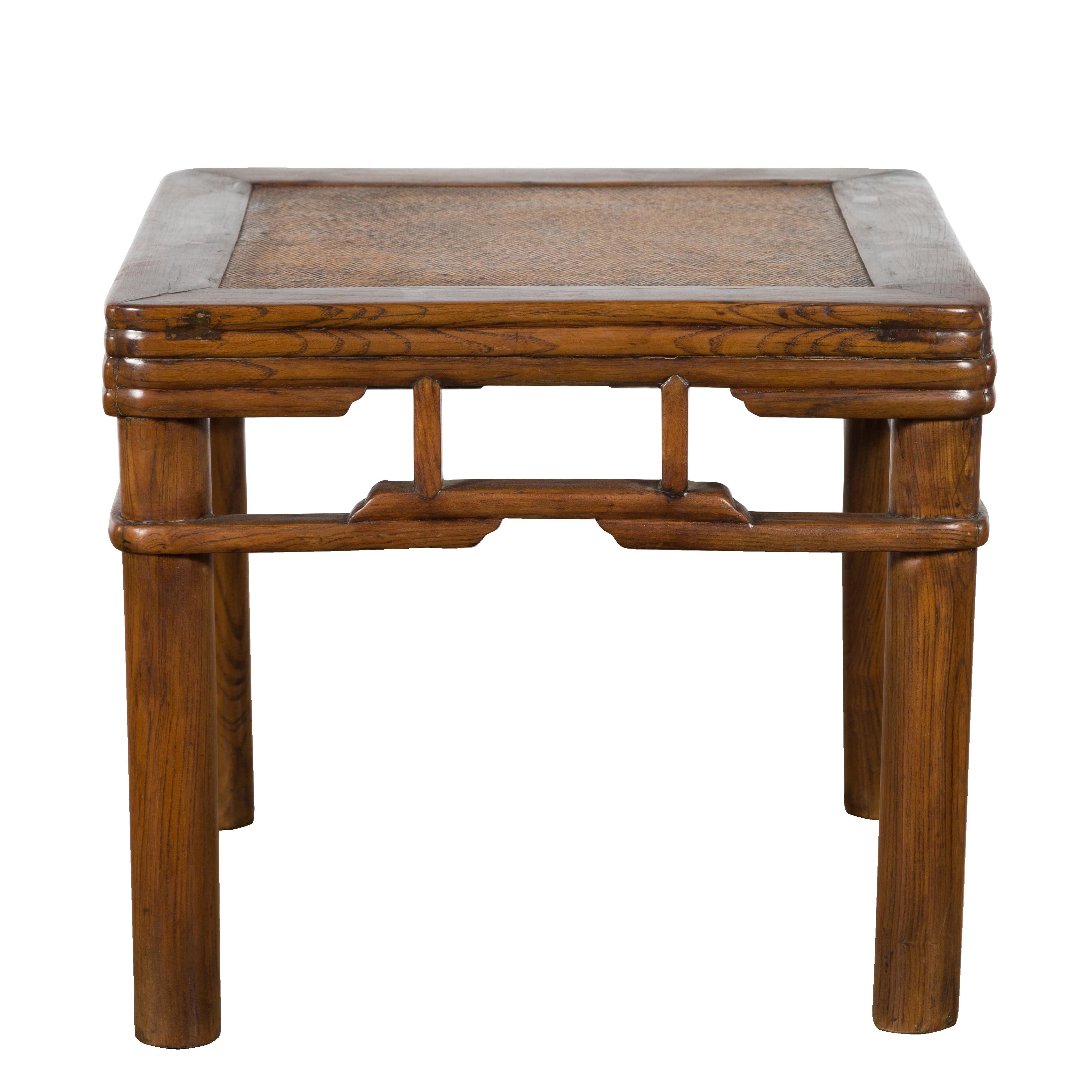Chinese Qing Dynasty Early 20th Century Elmwood Side Table with Woven Rattan Top For Sale 15