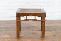 Qing Dynasty Early 20th Century Elmwood Side Table with Woven Rattan Top