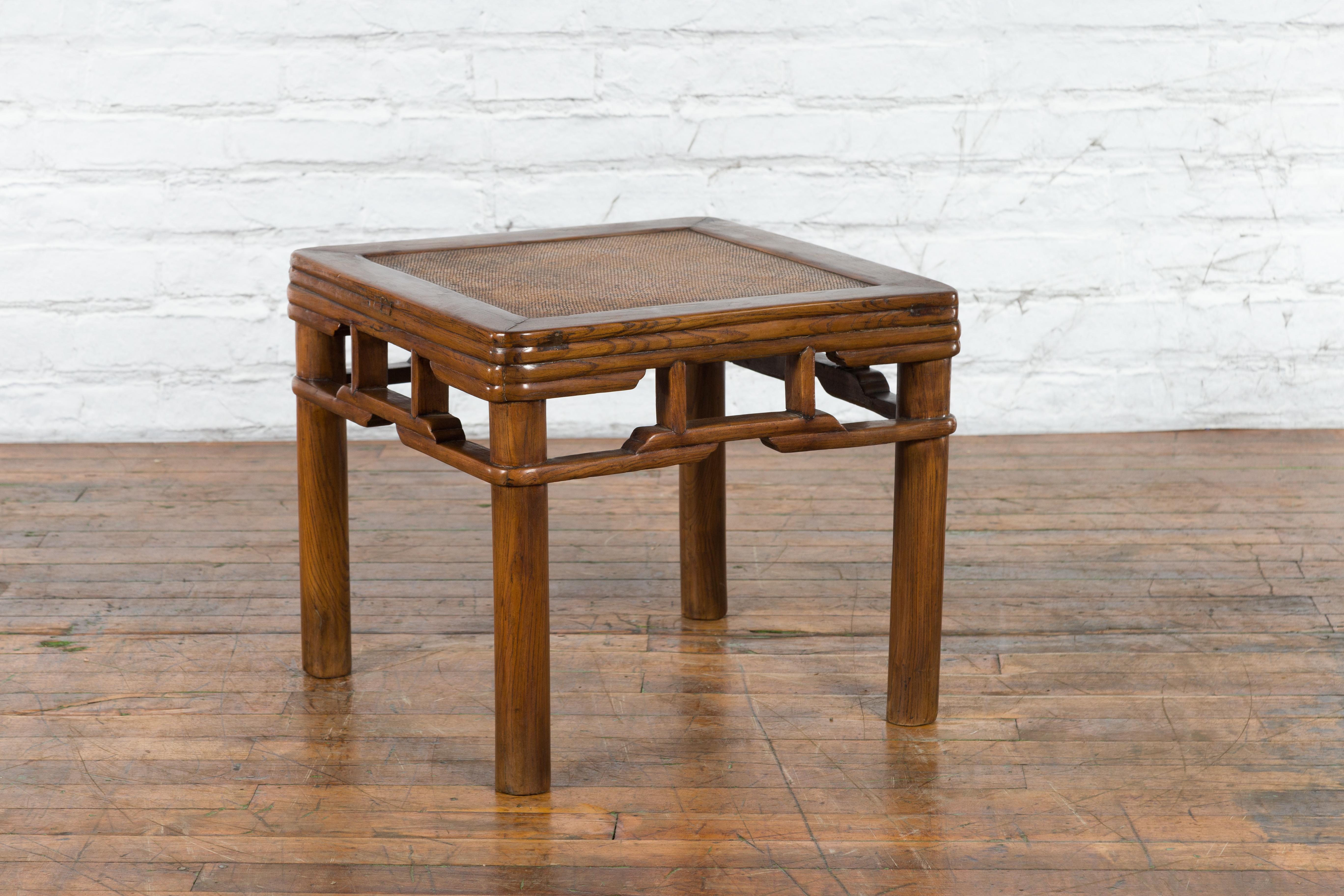 Chinese Qing Dynasty Early 20th Century Elmwood Side Table with Woven Rattan Top For Sale 1