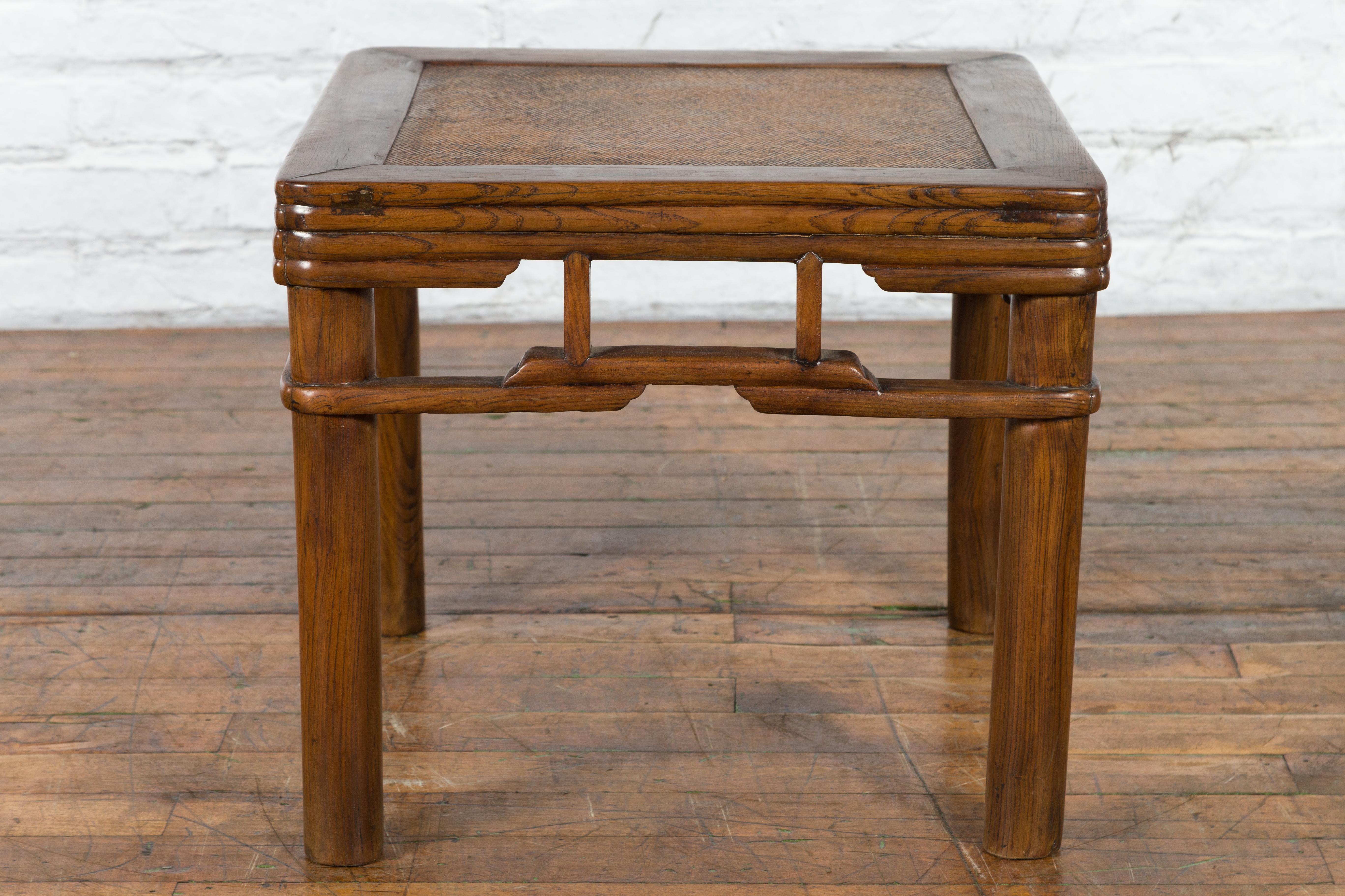 Chinese Qing Dynasty Early 20th Century Elmwood Side Table with Woven Rattan Top For Sale 2