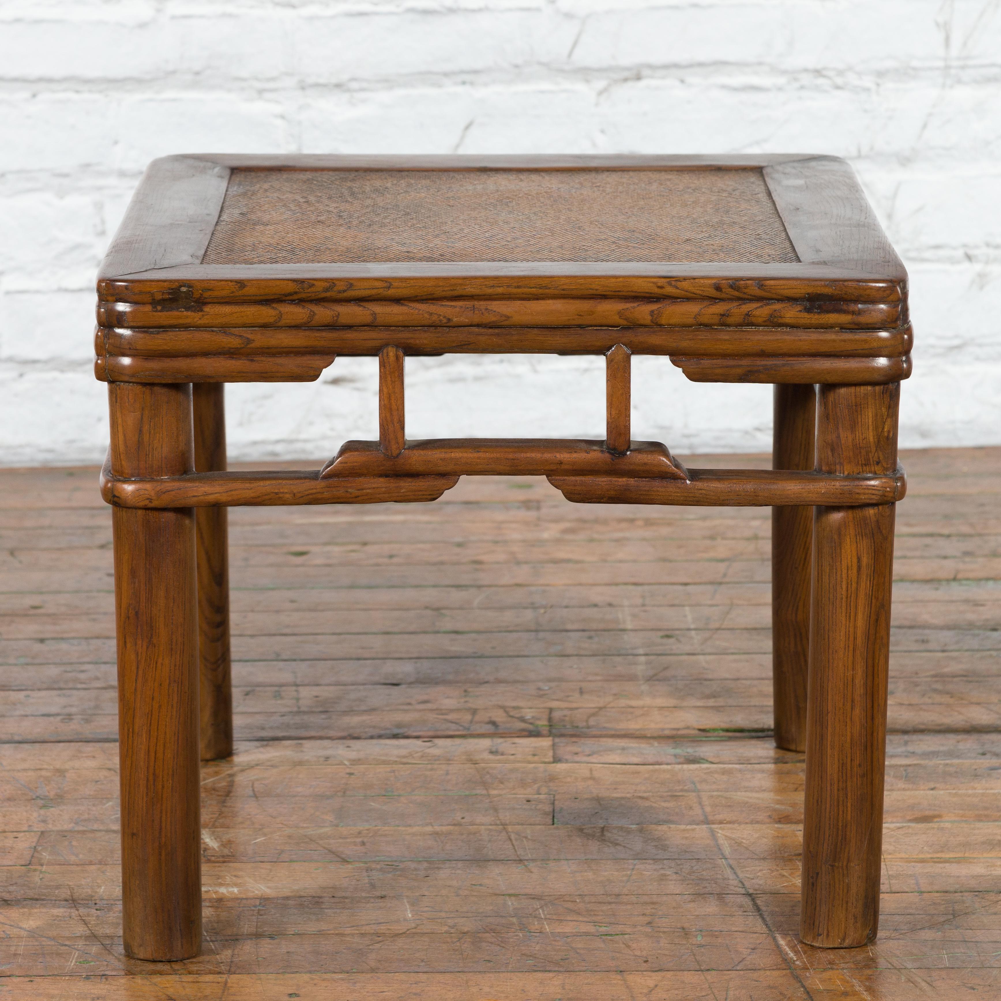 Chinese Qing Dynasty Early 20th Century Elmwood Side Table with Woven Rattan Top For Sale 3