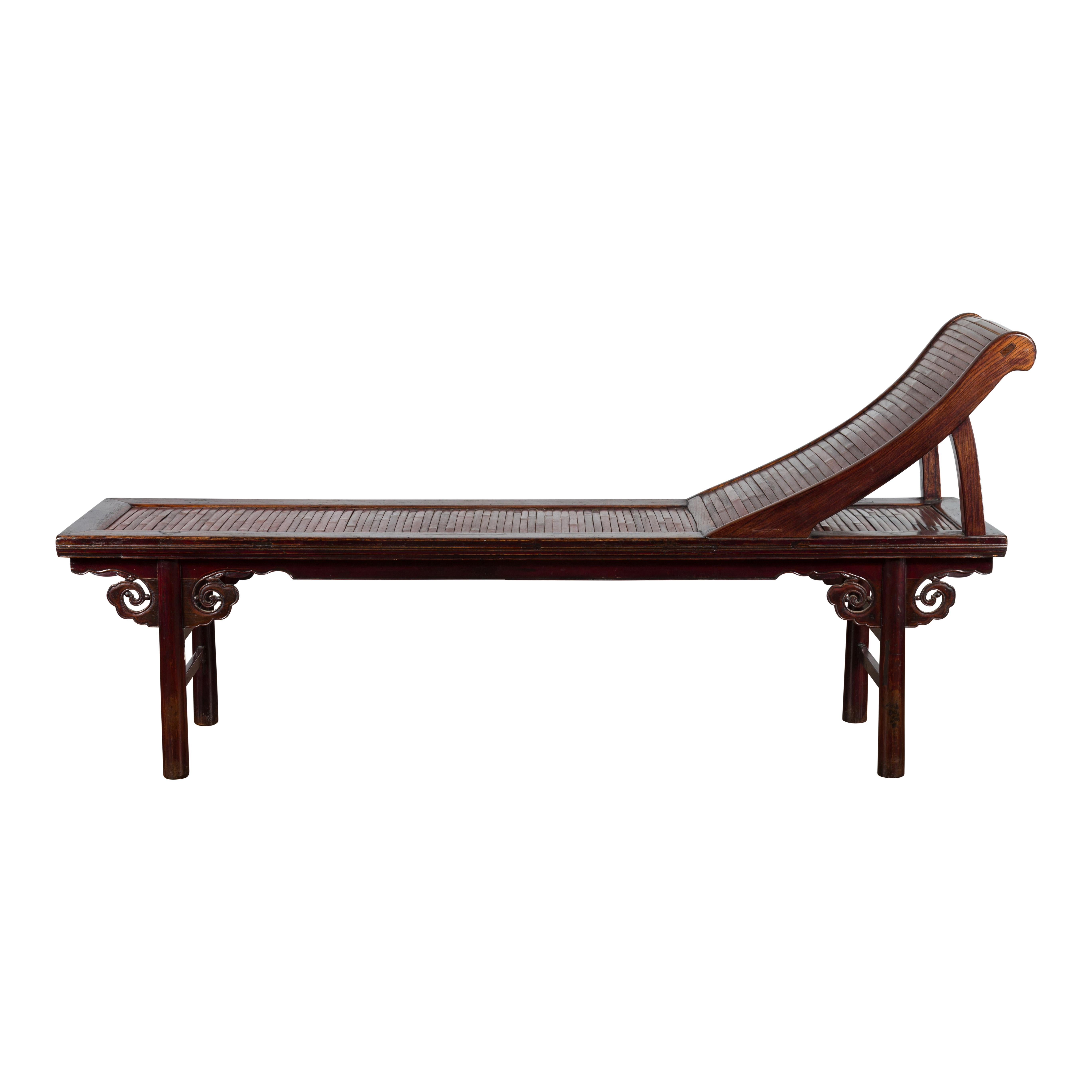 Chinese Qing Dynasty Elm and Bamboo Lounge Chair with Cloud Carved Spandrels For Sale 9