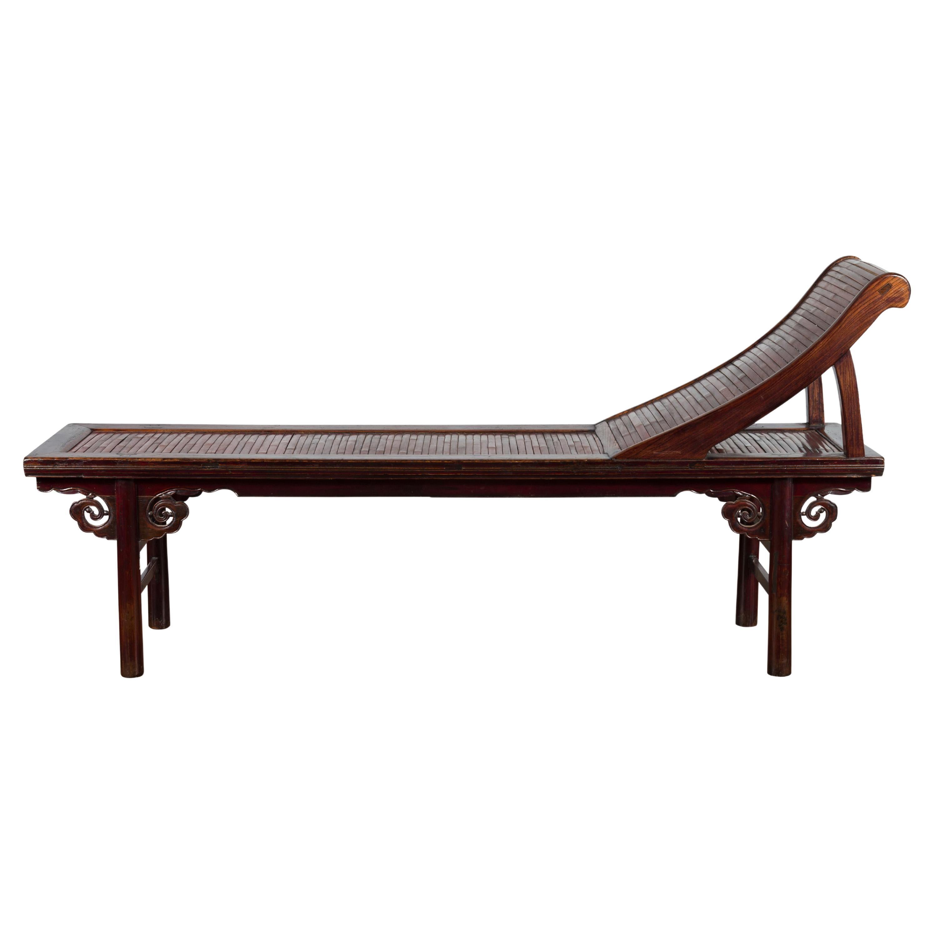 Chinese Qing Dynasty Elm and Bamboo Lounge Chair with Cloud Carved Spandrels For Sale