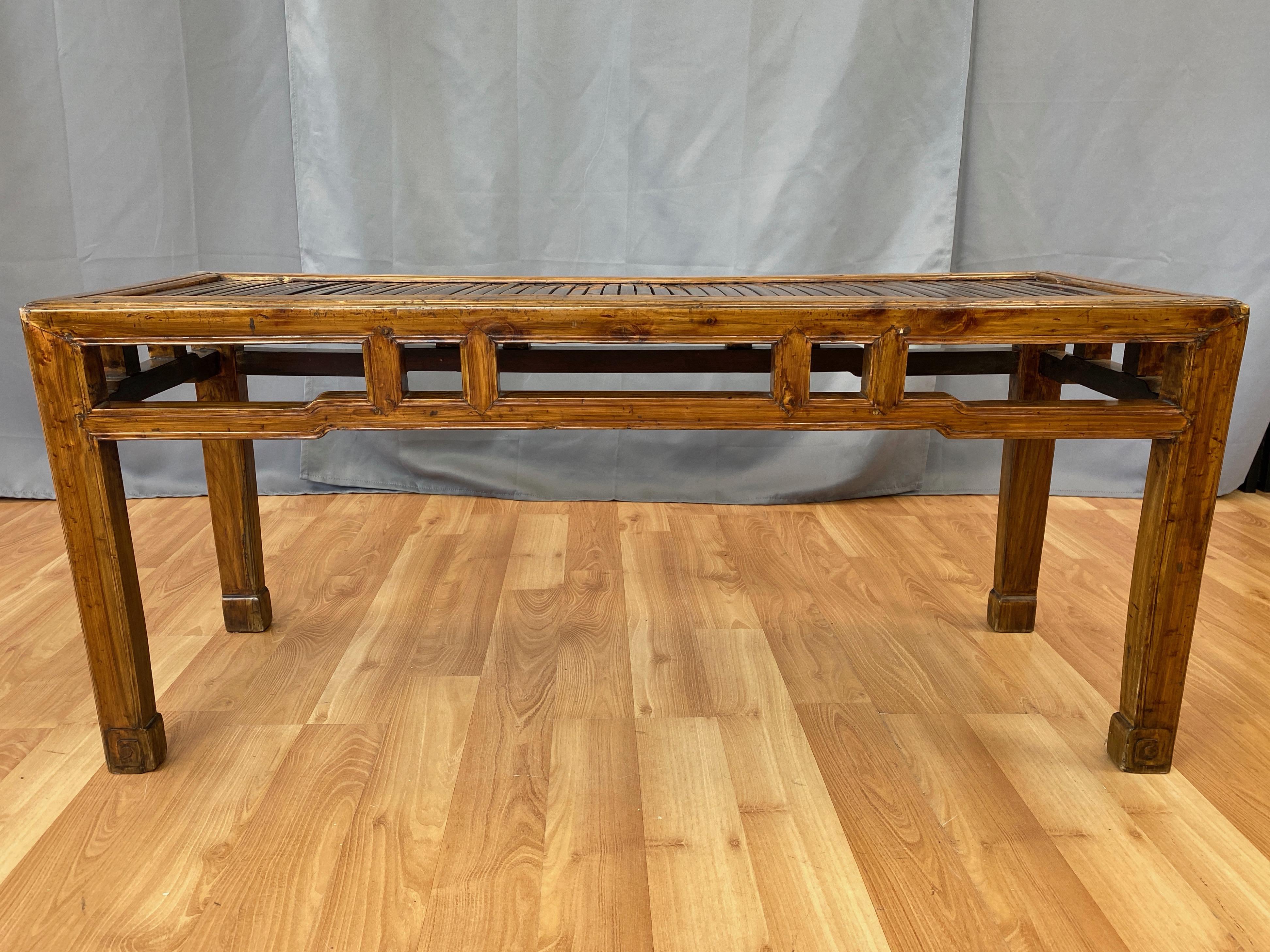 Chinese Qing Dynasty Elm Bench or Coffee Table with Bamboo Top, 19th Century In Good Condition In San Francisco, CA