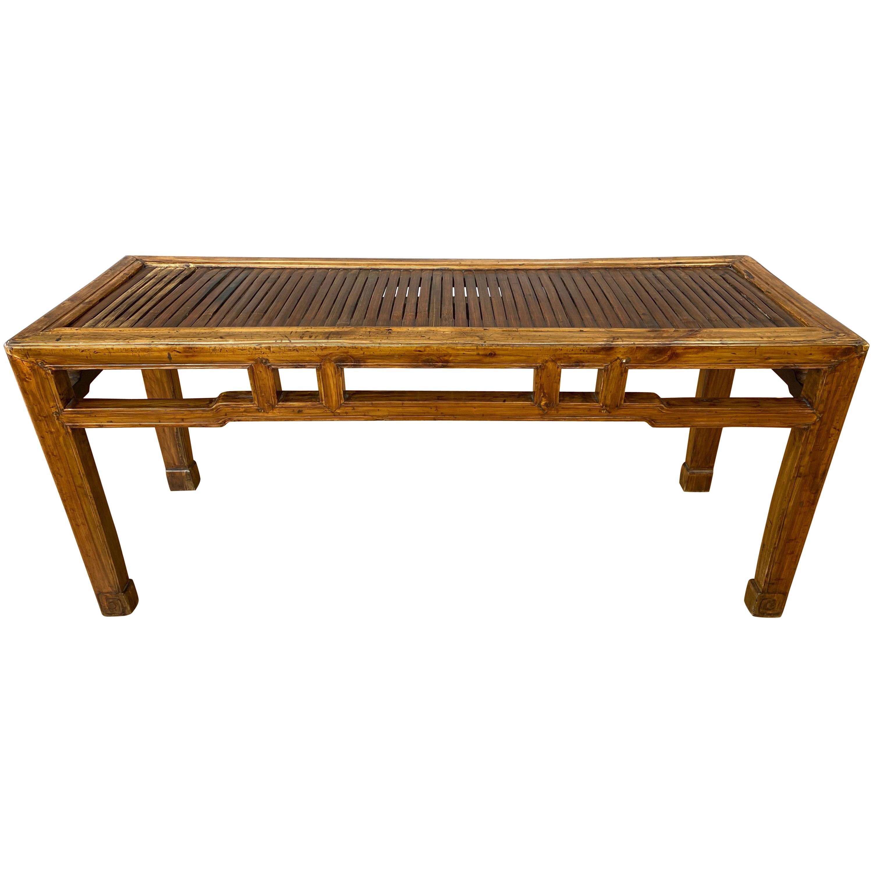Chinese Qing Dynasty Elm Bench or Coffee Table with Bamboo Top, 19th Century