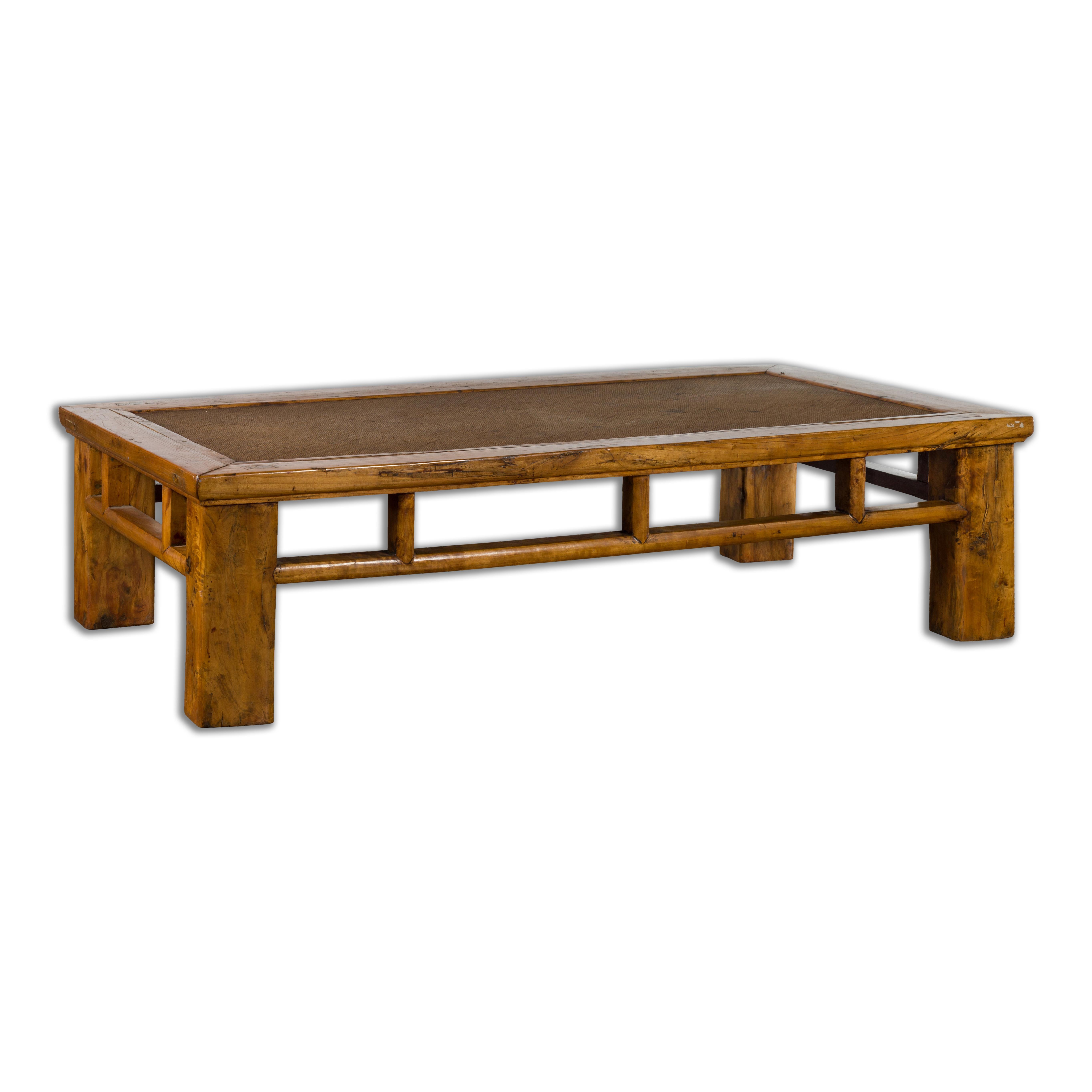 Chinese Qing Dynasty Elm Lohan Bed Coffee Table with Hand-Woven Rattan Top For Sale 12