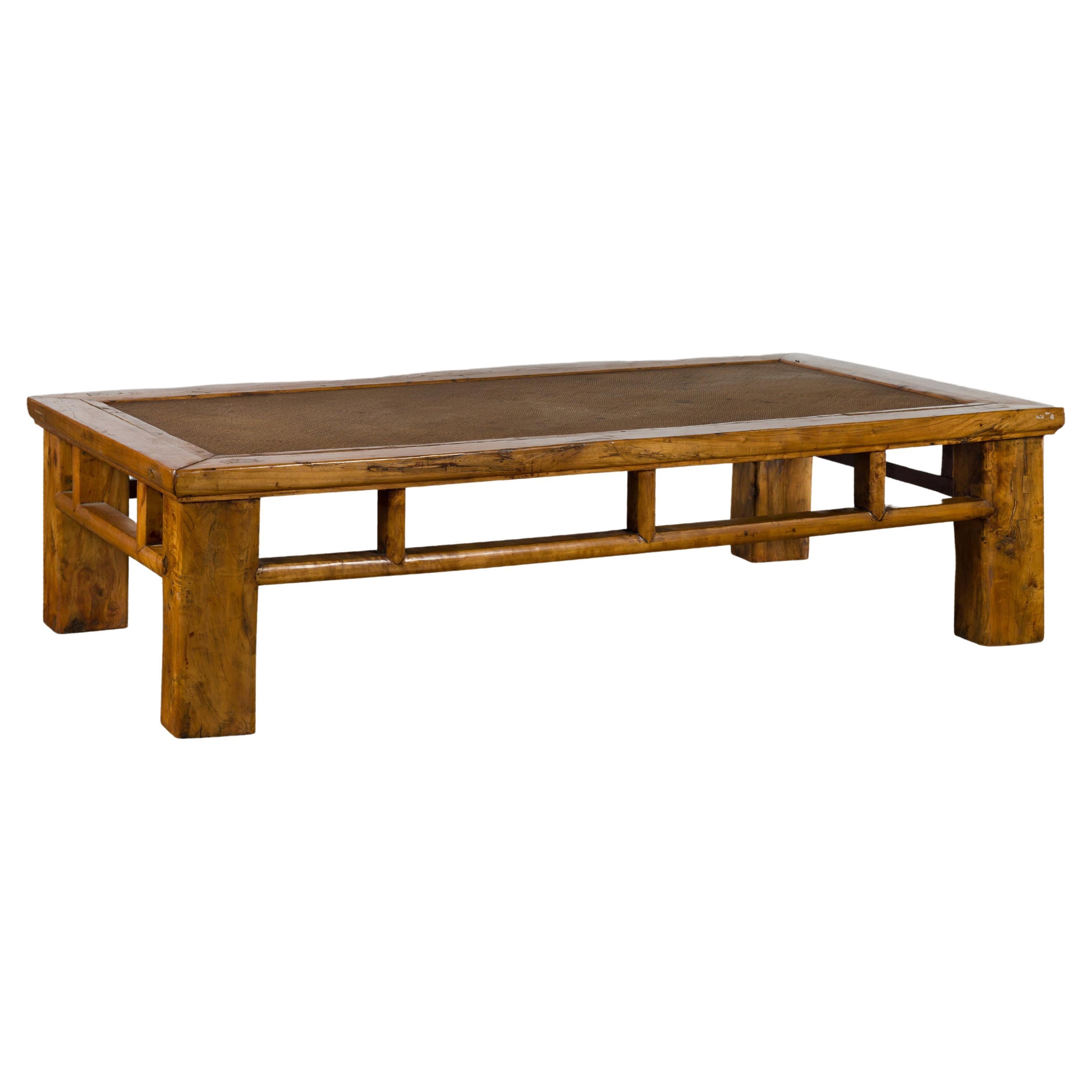 Chinese Qing Dynasty Elm Lohan Bed Coffee Table with Hand-Woven Rattan Top
