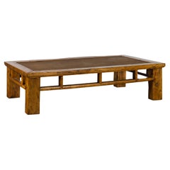 Chinese Qing Dynasty Elm Lohan Bed Coffee Table with Hand-Woven Rattan Top