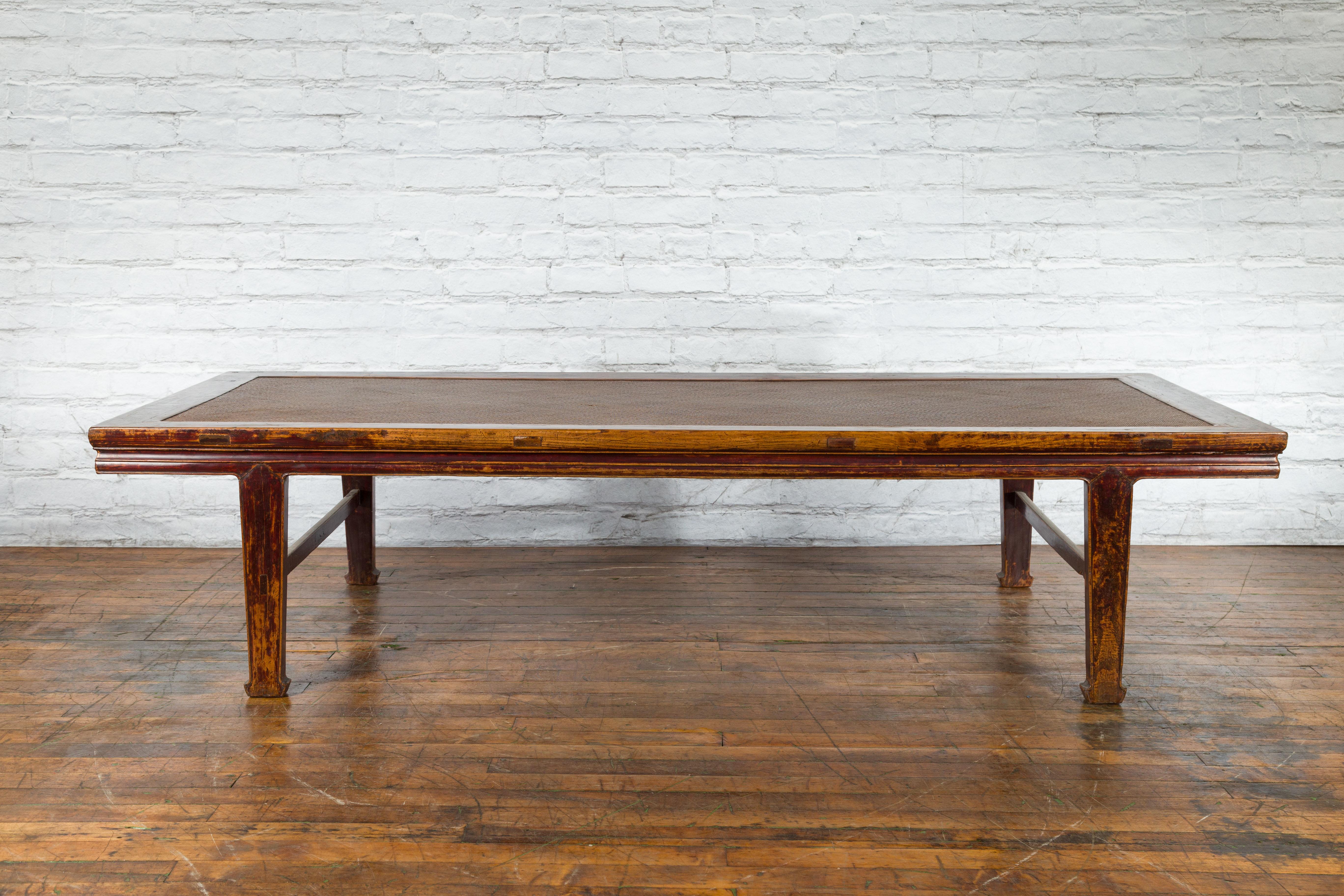 Chinese Qing Dynasty Elm Opium Bed Coffee Table with Rattan Top and Distressing For Sale 8