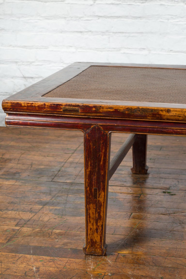 Chinese Qing Dynasty Elm Opium Bed Coffee Table with Rattan Top and