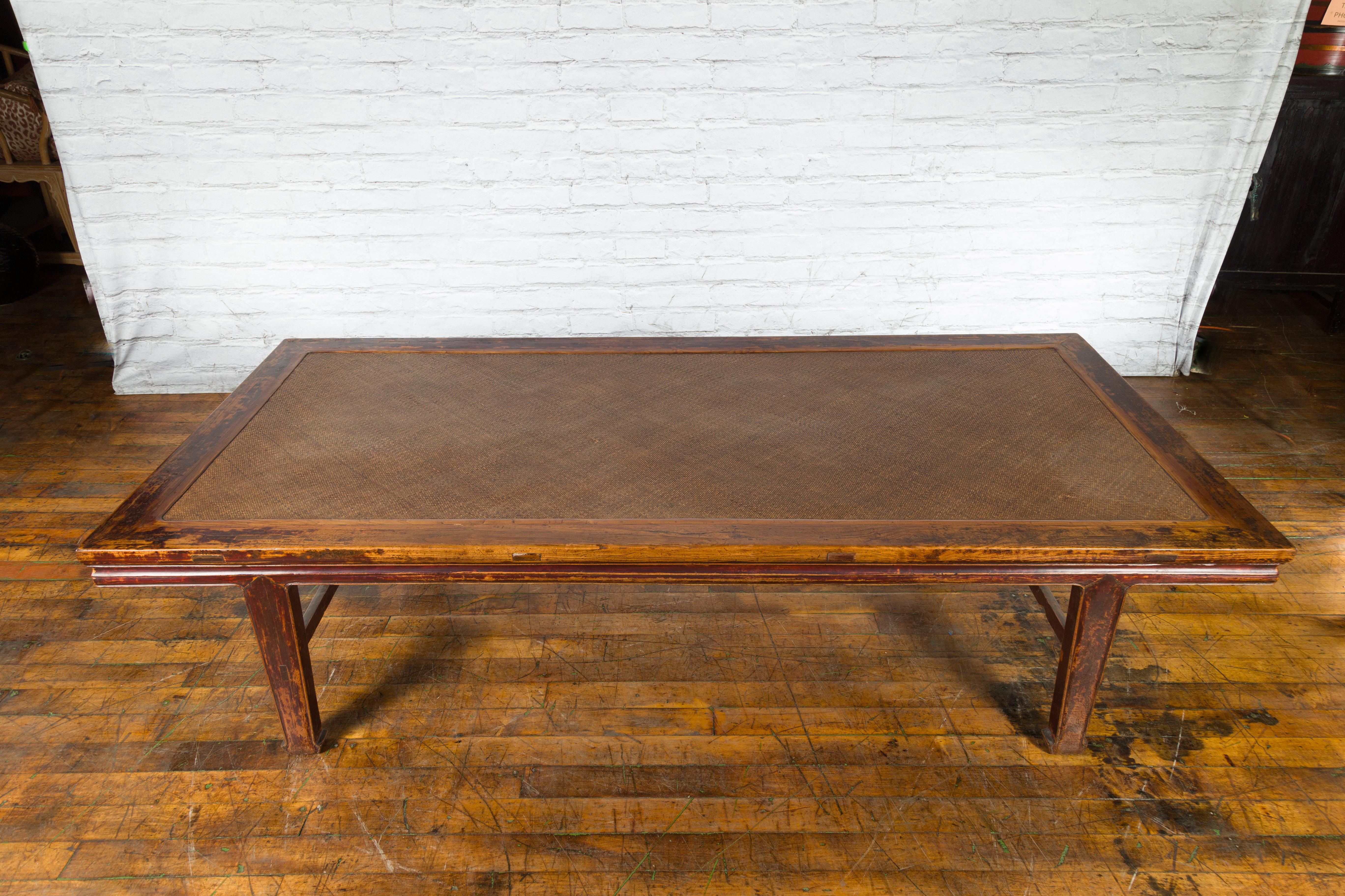 Chinese Qing Dynasty Elm Opium Bed Coffee Table with Rattan Top and Distressing For Sale 2