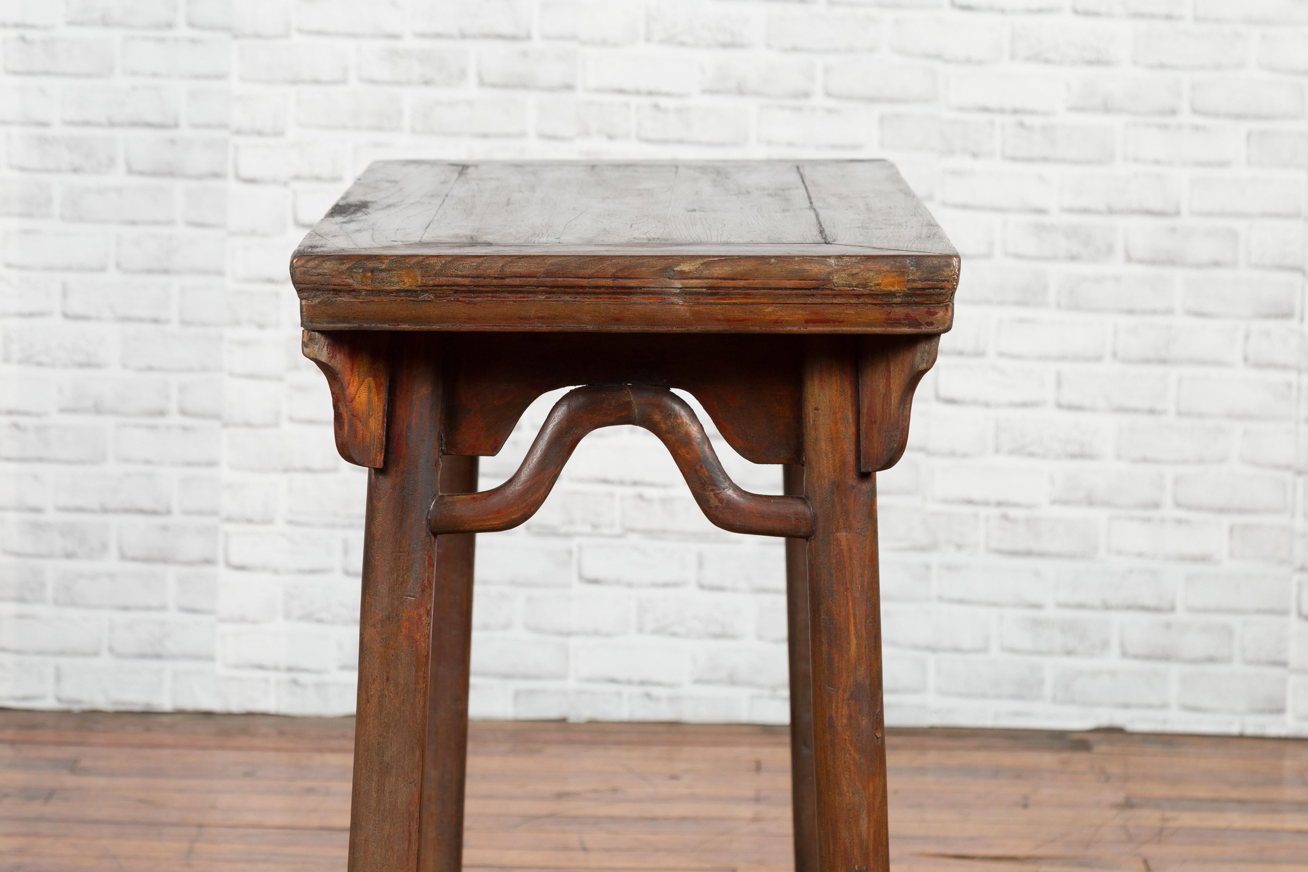 Chinese Qing Dynasty Elm Wine Table with Humpbacked Apron and Carved Spandrels For Sale 7