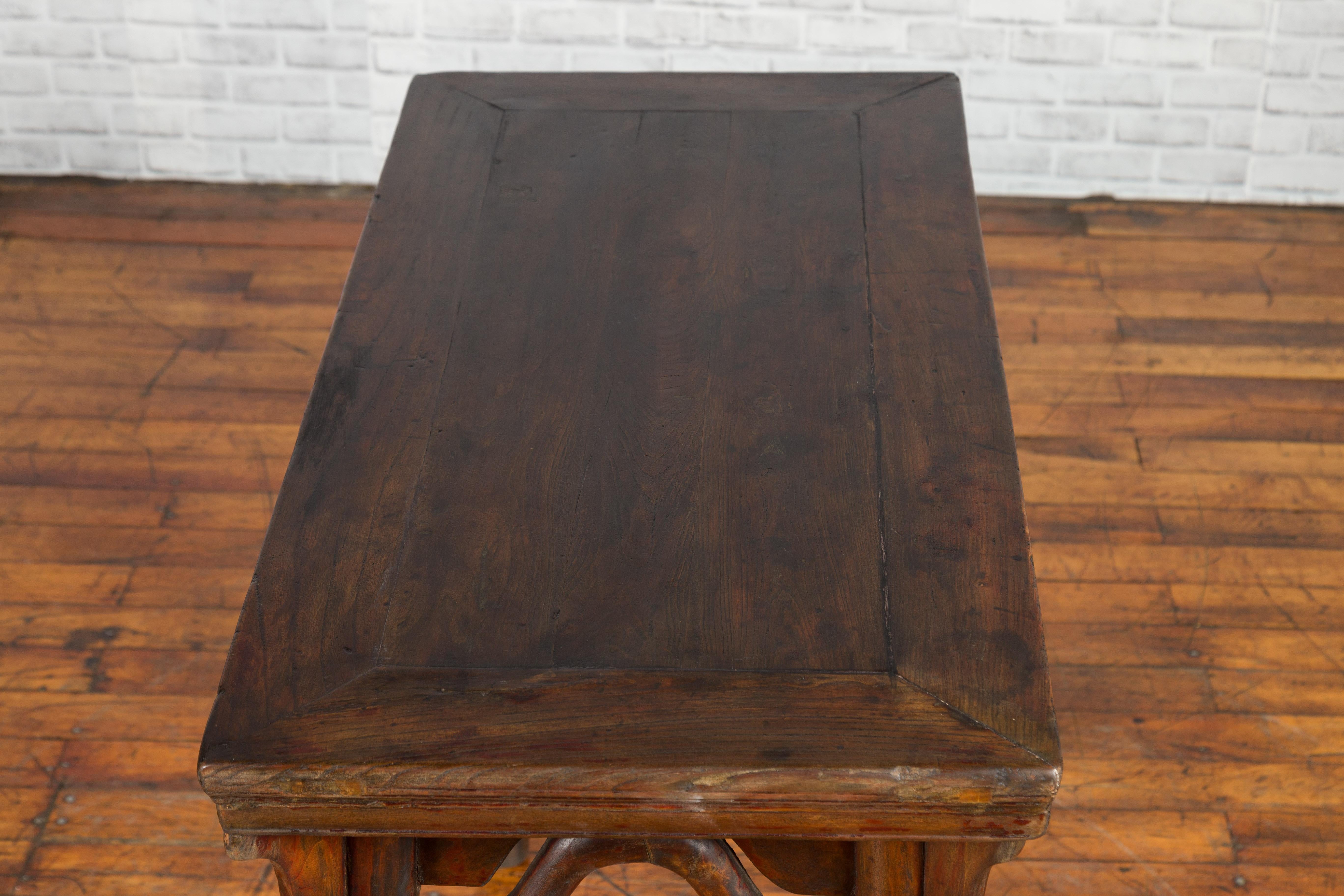 Chinese Qing Dynasty Elm Wine Table with Humpbacked Apron and Carved Spandrels For Sale 8