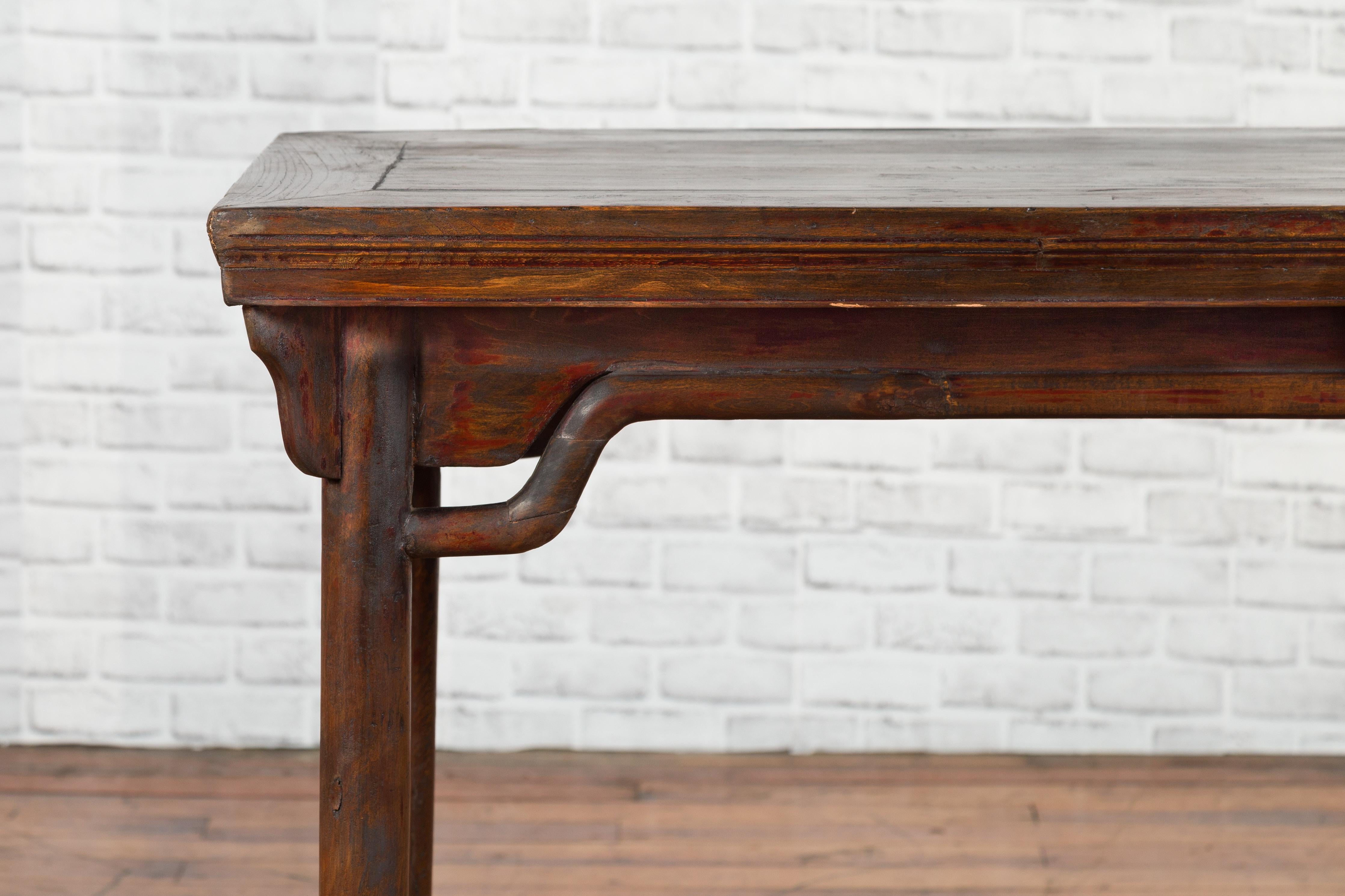19th Century Qing Dynasty Elmwood Console Table with Humpbacked Stretchers For Sale 4