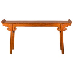 Chinese Qing Dynasty Elmwood Altar Console Table with Cloudy Scroll Motifs