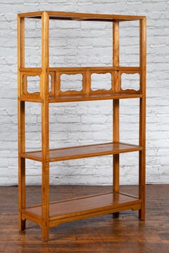 Chinese Qing Dynasty Elmwood Bookcase with Three Shelves and Pierced Cartouches