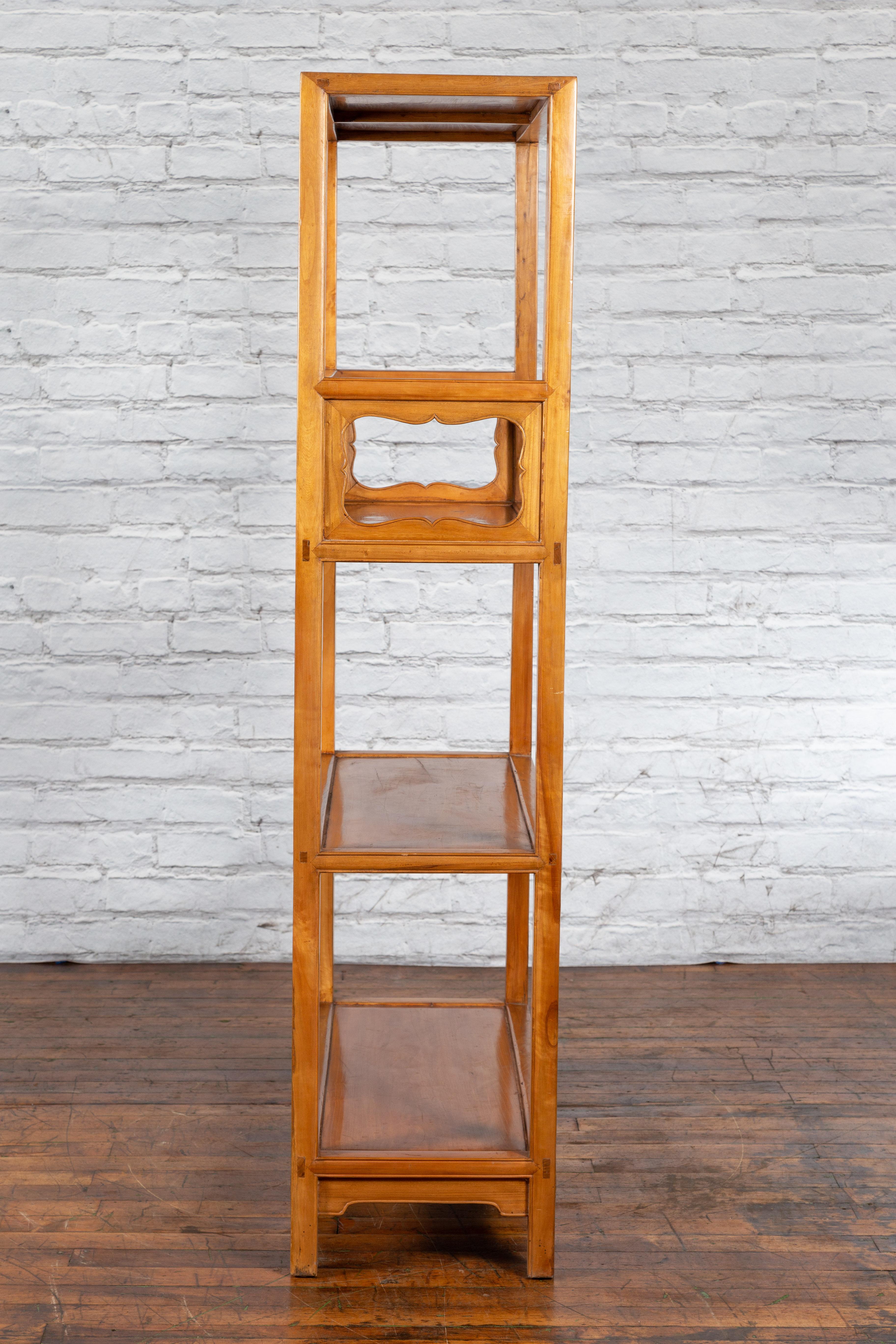 Chinese Qing Dynasty Elmwood Bookcase with Three Shelves and Pierced Cartouches For Sale 3