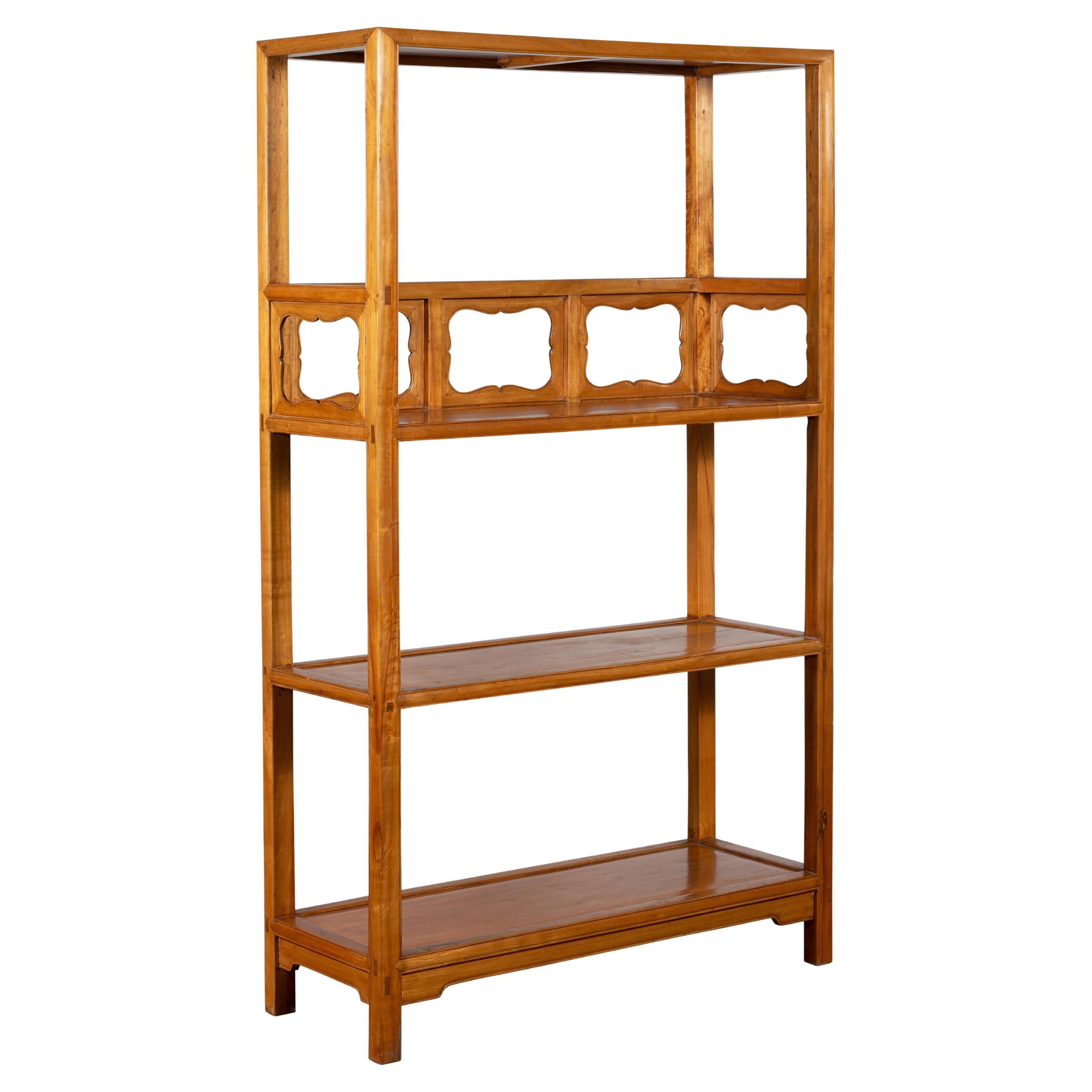 Chinese Qing Dynasty Elmwood Bookcase with Three Shelves and Pierced Cartouches For Sale