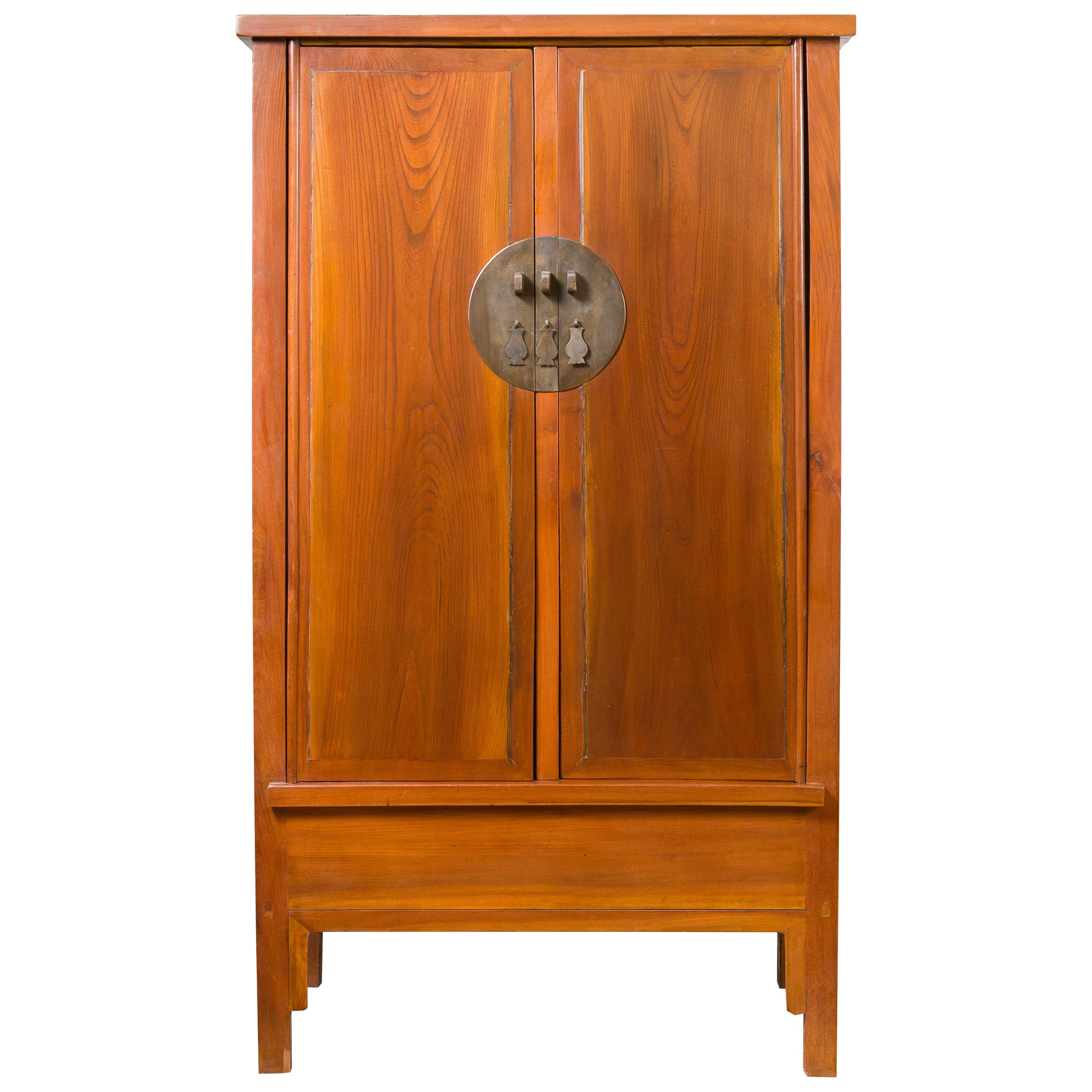 Chinese Qing Dynasty Elmwood Cabinet with Bronze Medallion and Inner Drawers For Sale
