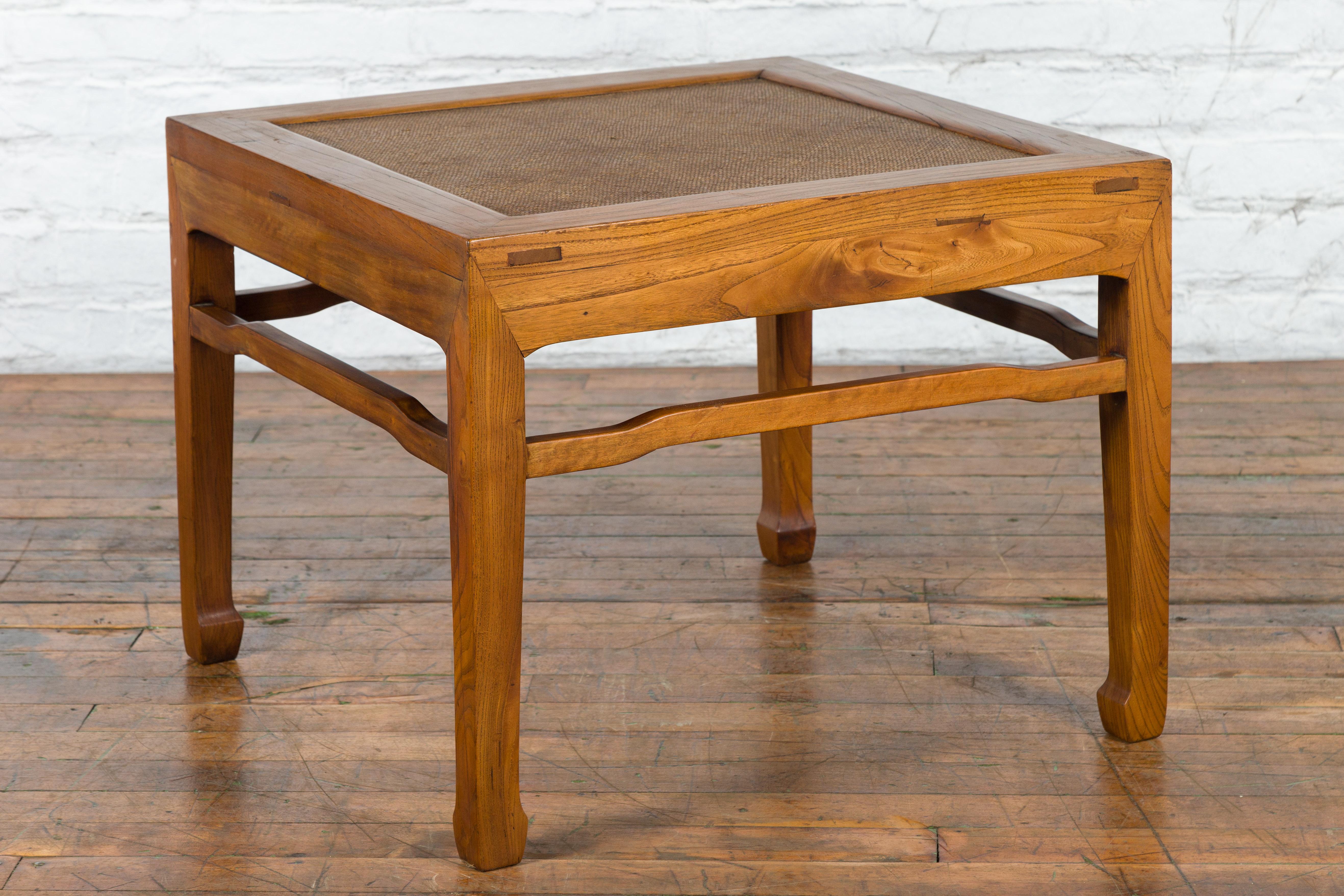 Qing Dynasty Elmwood Side Table with Rattan Top and Humpback Stretchers For Sale 7