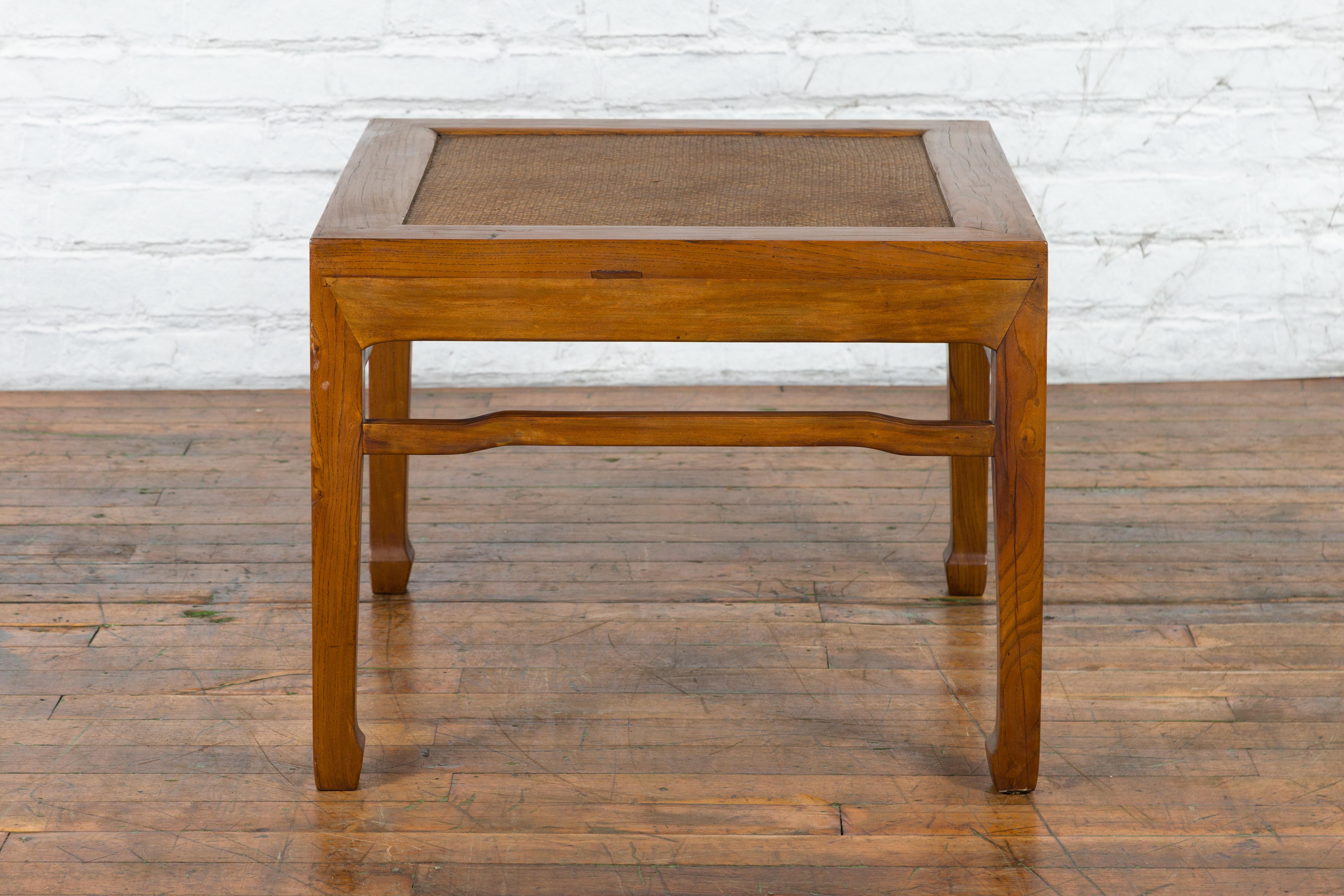 Chinese Qing Dynasty Elmwood Side Table with Rattan Top and Humpback Stretchers For Sale 9