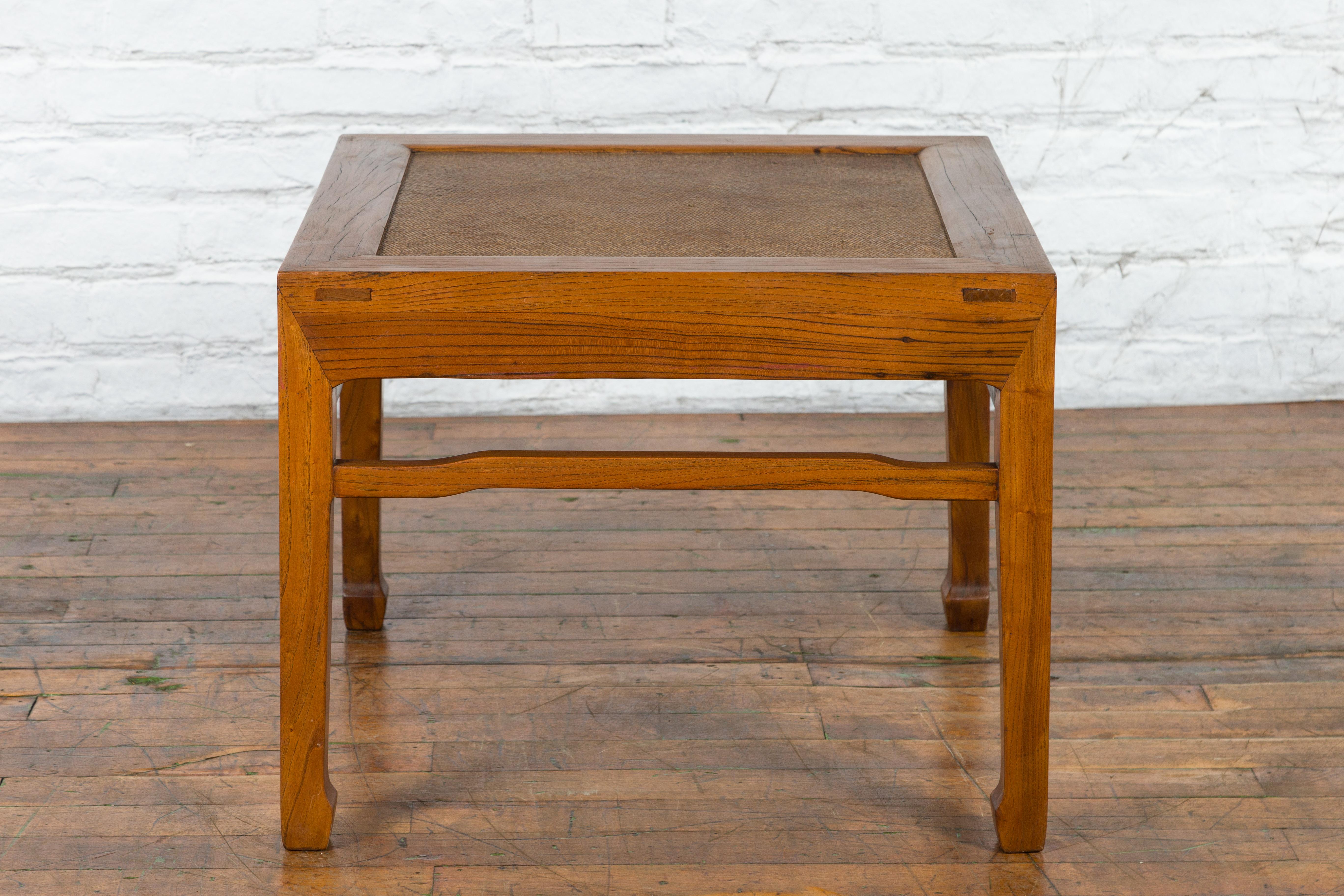 Qing Dynasty Elmwood Side Table with Rattan Top and Humpback Stretchers For Sale 9