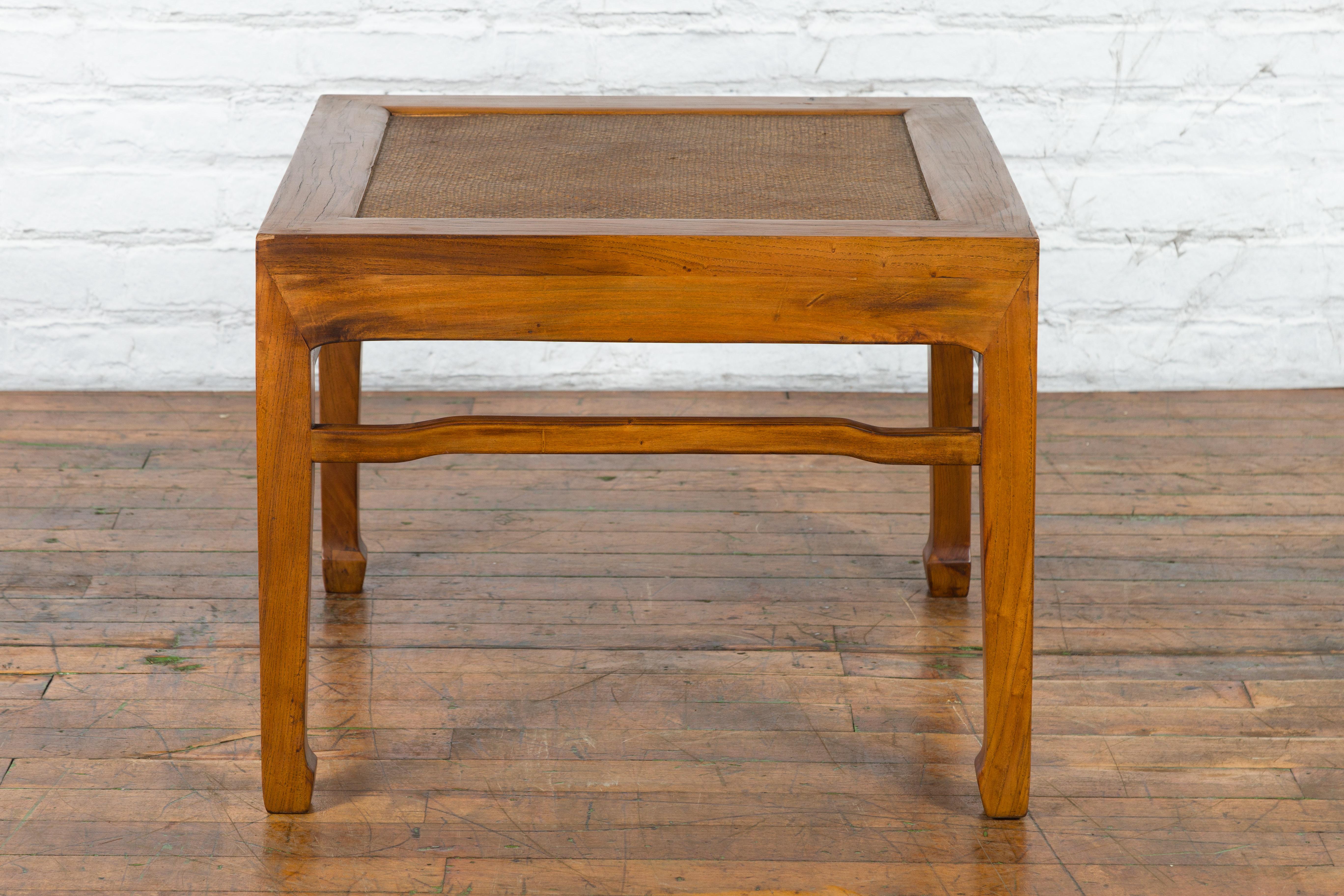 Chinese Qing Dynasty Elmwood Side Table with Rattan Top and Humpback Stretchers For Sale 11