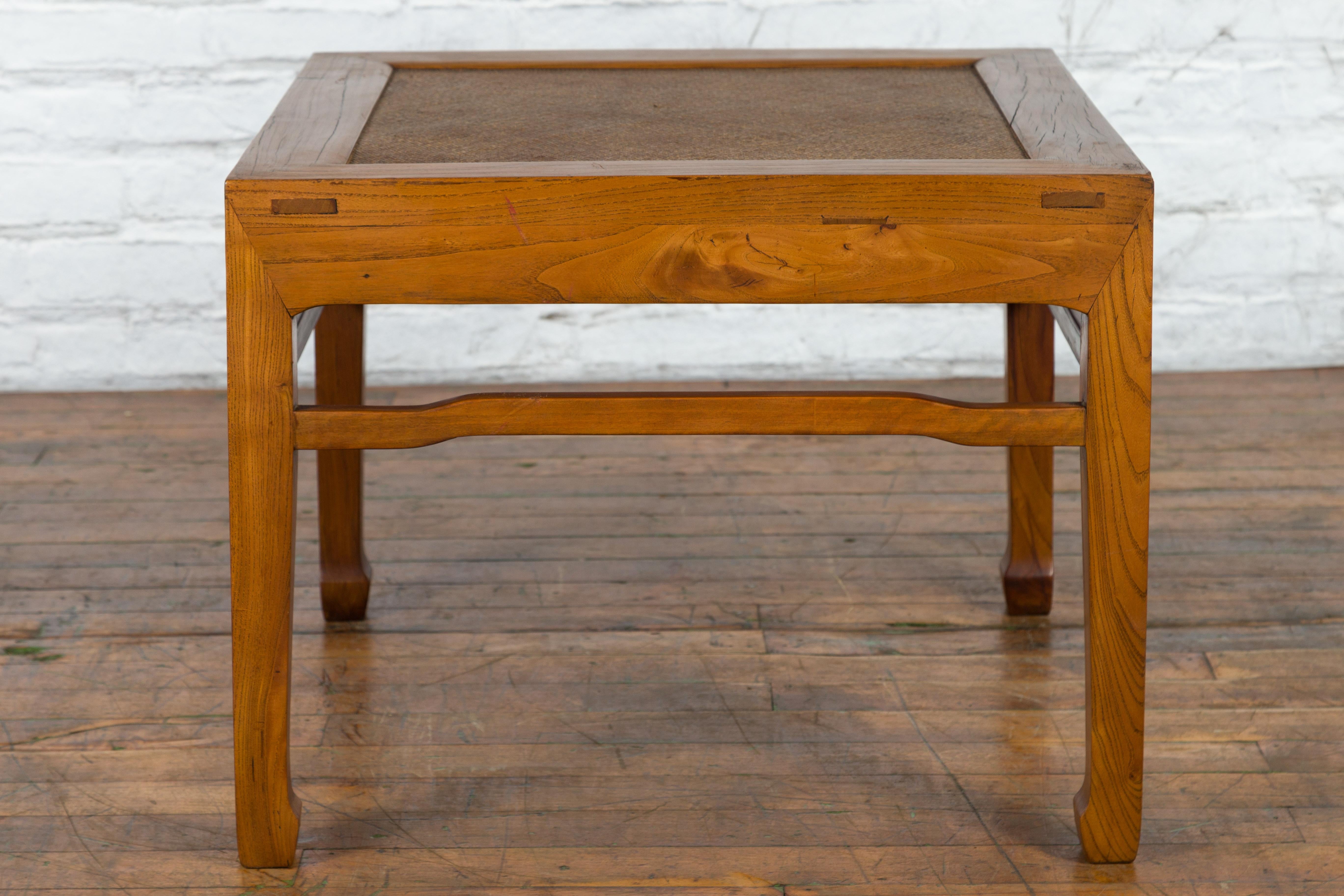 19th Century Chinese Qing Dynasty Elmwood Side Table with Rattan Top and Humpback Stretchers For Sale