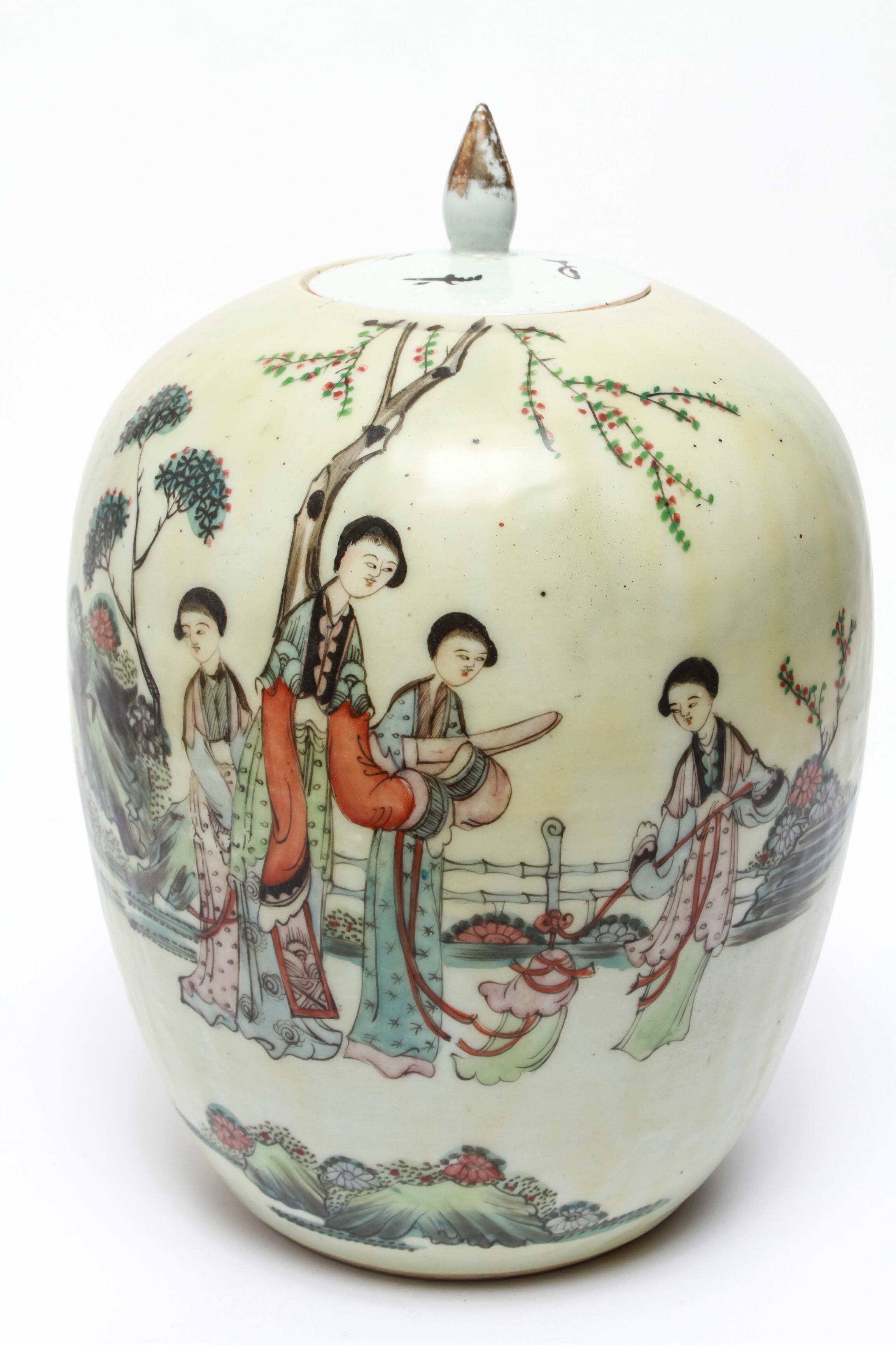 Chinese pair of Qing style hand-enameled ceramic ginger jars with scene of noblewomen in a garden with flowering trees and bushes. The side and flat lid with Chinese inscriptions and gilt-tipped lotus bud knobs. Some scattered rust spots and one lid